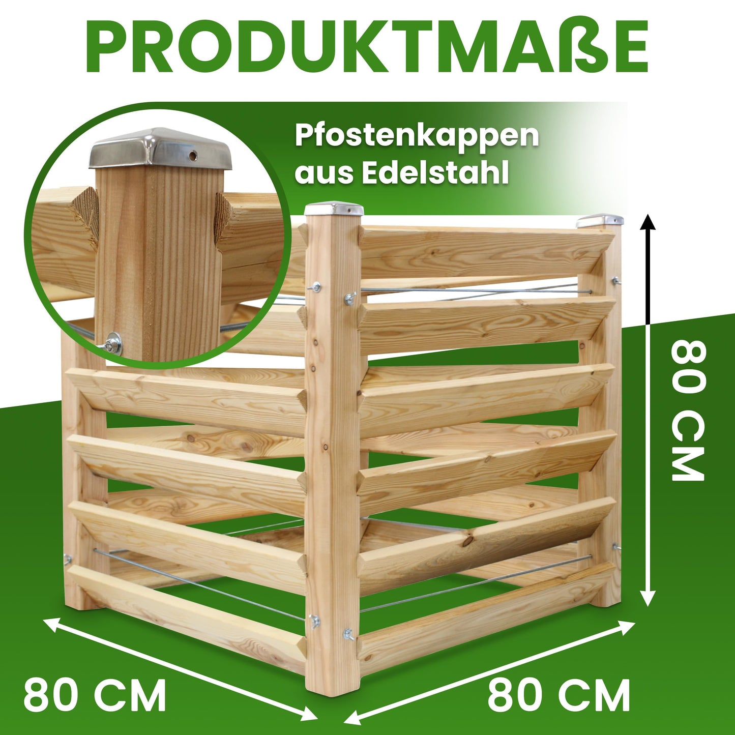 Modern compost bin made of solid larch wood, dimensions approximately 80x80 cm with a height of 80 cm. Easy-to-assemble composting system.