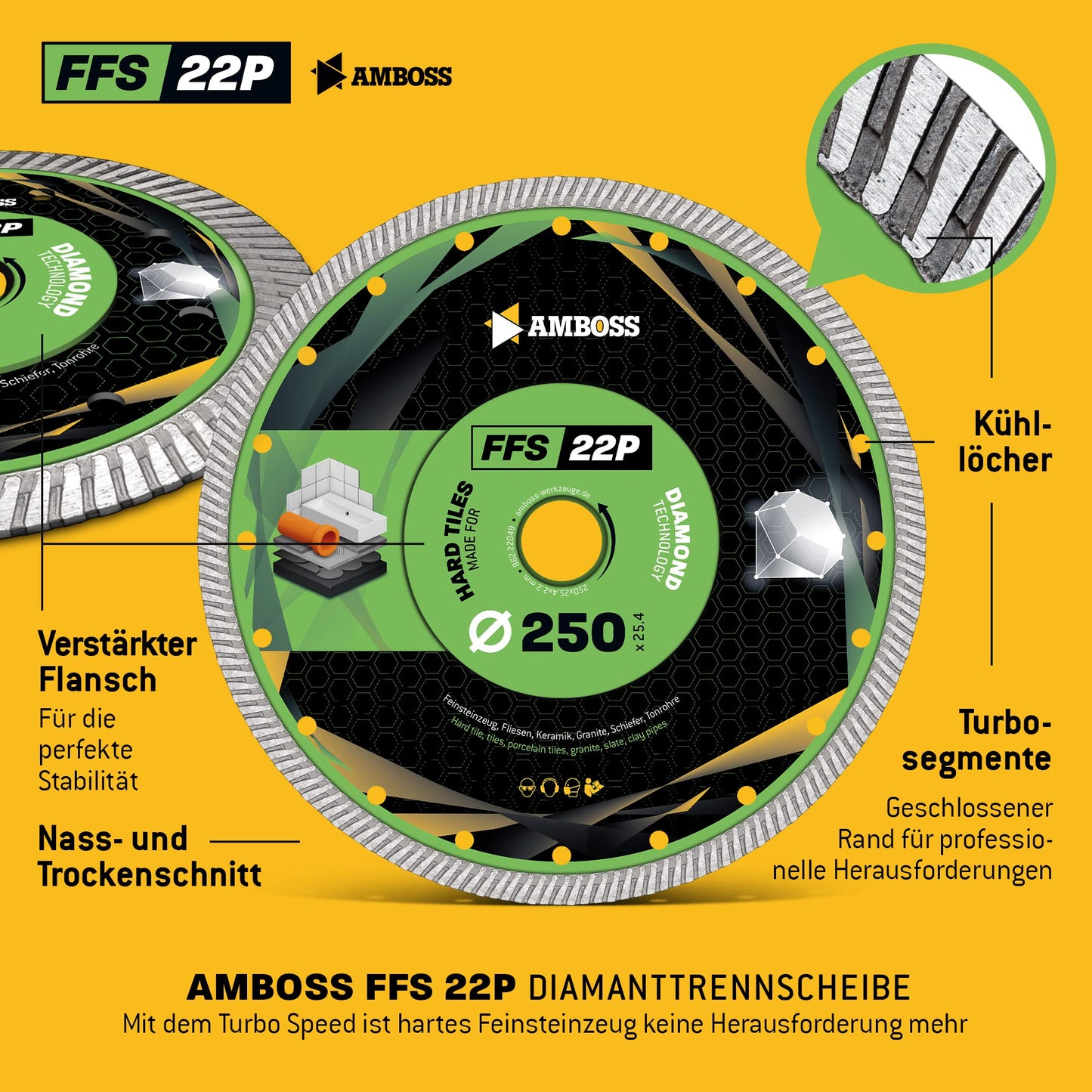 Anvil FFS 22 - Diamond cutting disc Ø 250 mm x 25.4 mm - Hard porcelain stoneware (up to 1.2 cm) / hard granite/slate/tiles/clay pipes/fiberglass | Segment height: 10 mm