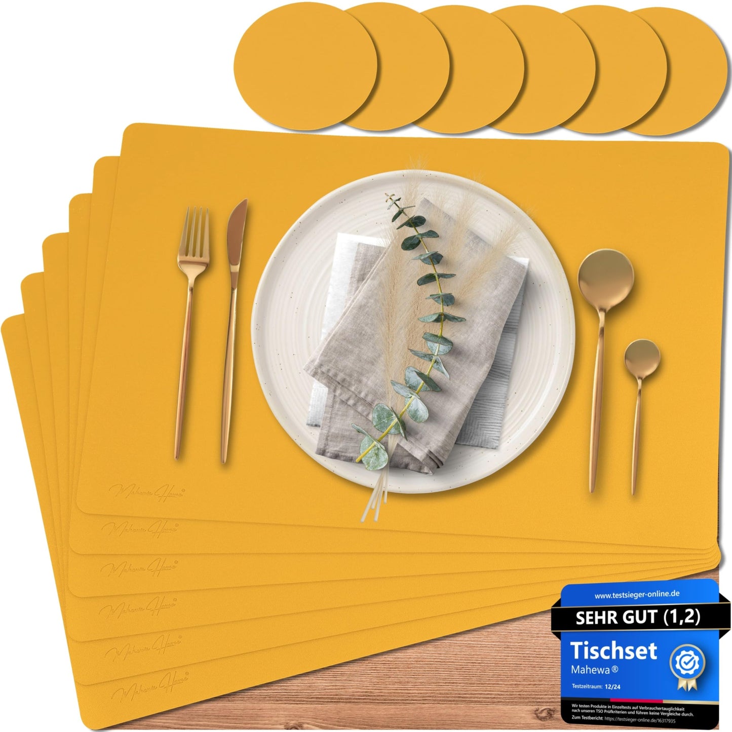 Mahewa® 6-piece Premium Faux Leather Placemat Set - Waterproof and Washable Place Mat Coasters in Leather Look (Mustard Yellow, Square)