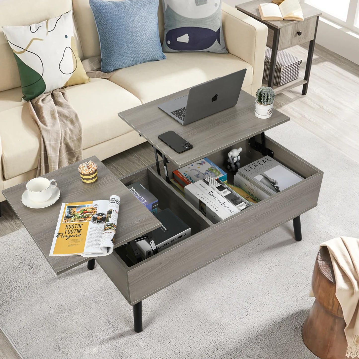 VOWNER coffee table, adjustable height, retractable, hidden storage compartment, double lift top, side table, light gray.