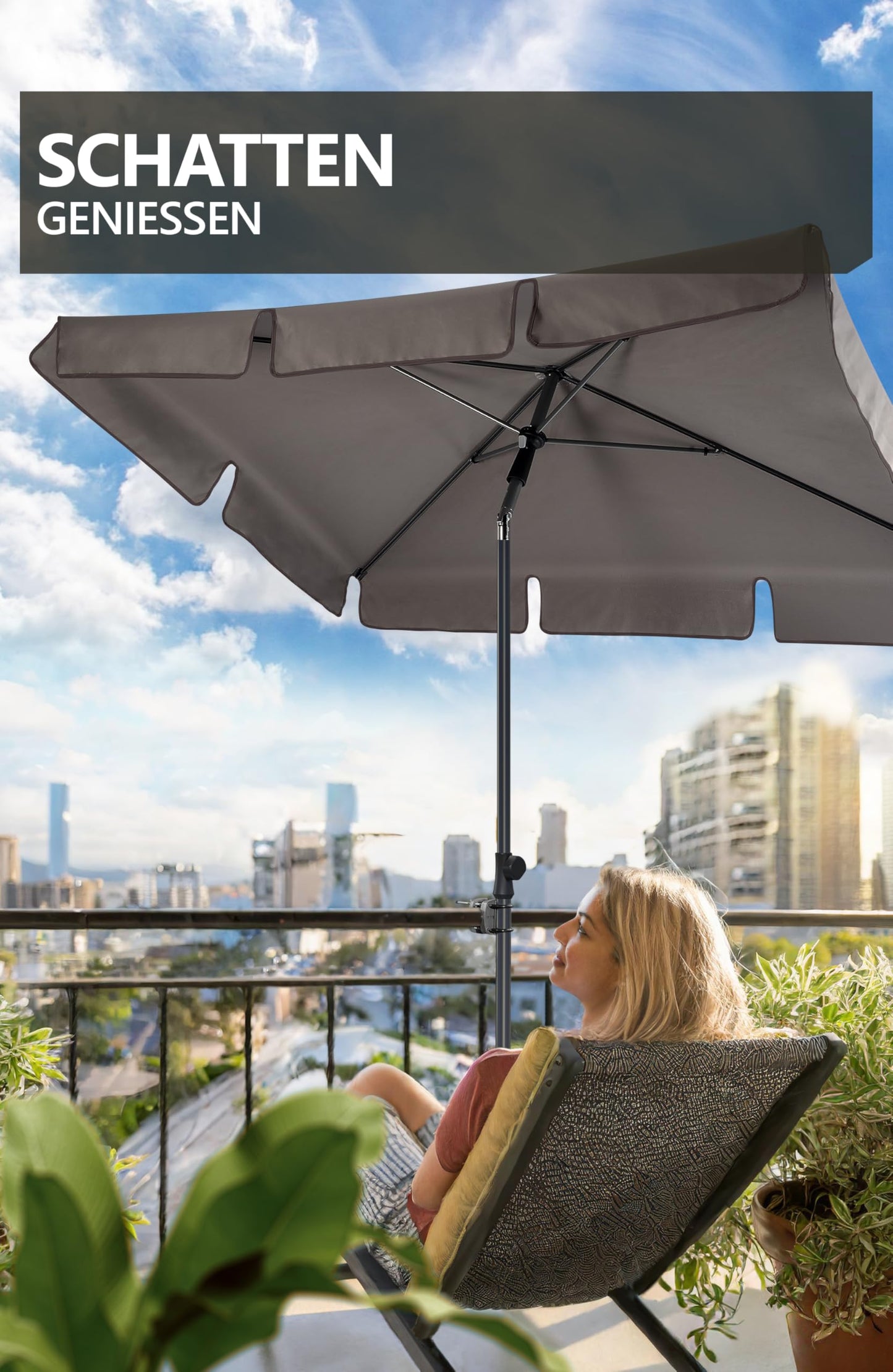 4smile balcony umbrella SunnyShade Plus, Sun protection balcony SET 3-in-1, Taupe - UV50+ rectangular umbrella 200 x 125 cm + umbrella holder balcony railing + umbrella cover.