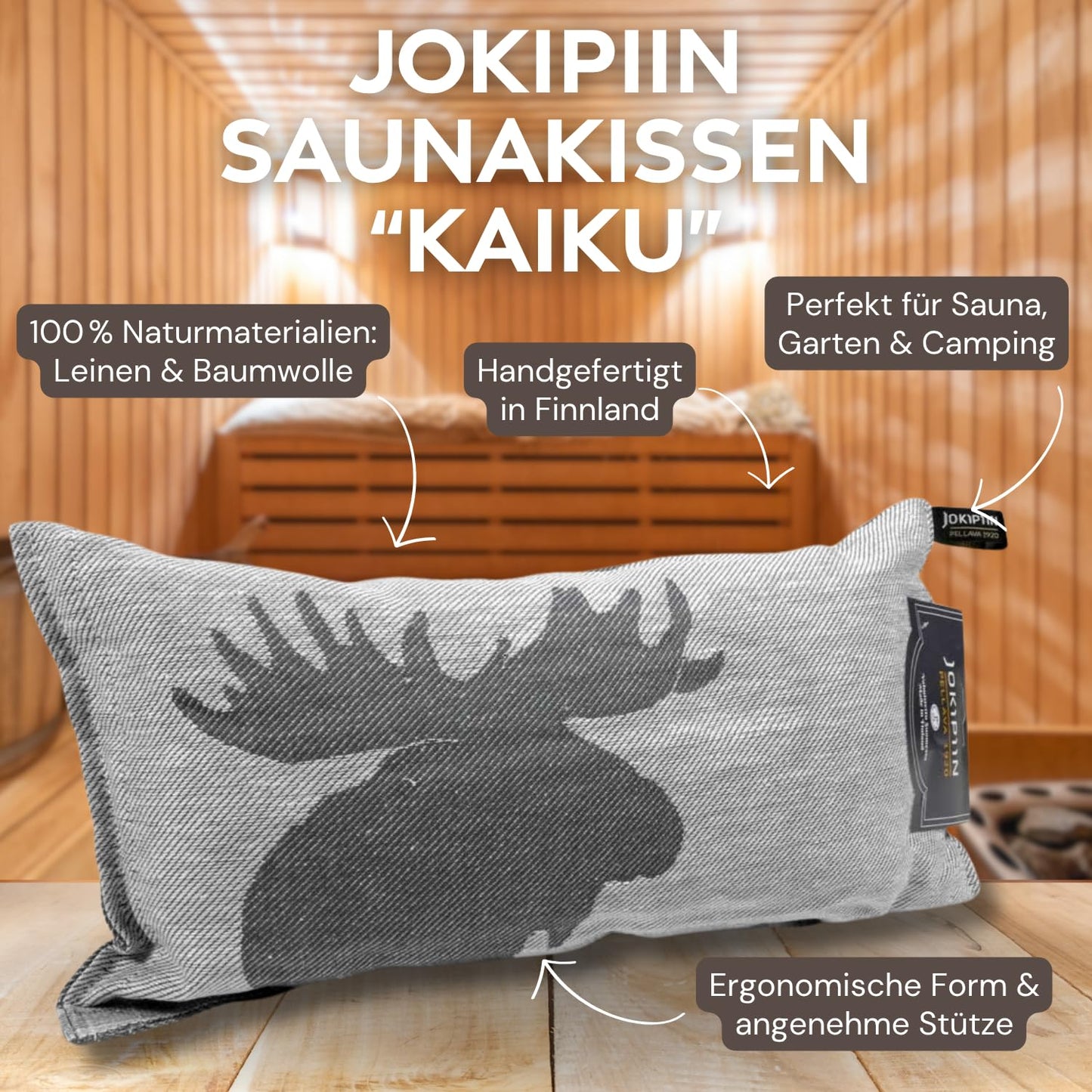 Jokipiin Premium Sauna Pillow Echo 40x22 cm - 100% Made in Finland - Linen & Cotton - Ökotex Certified - Wellness Headrest & Neck Pillow for Sauna Spa & Relaxation