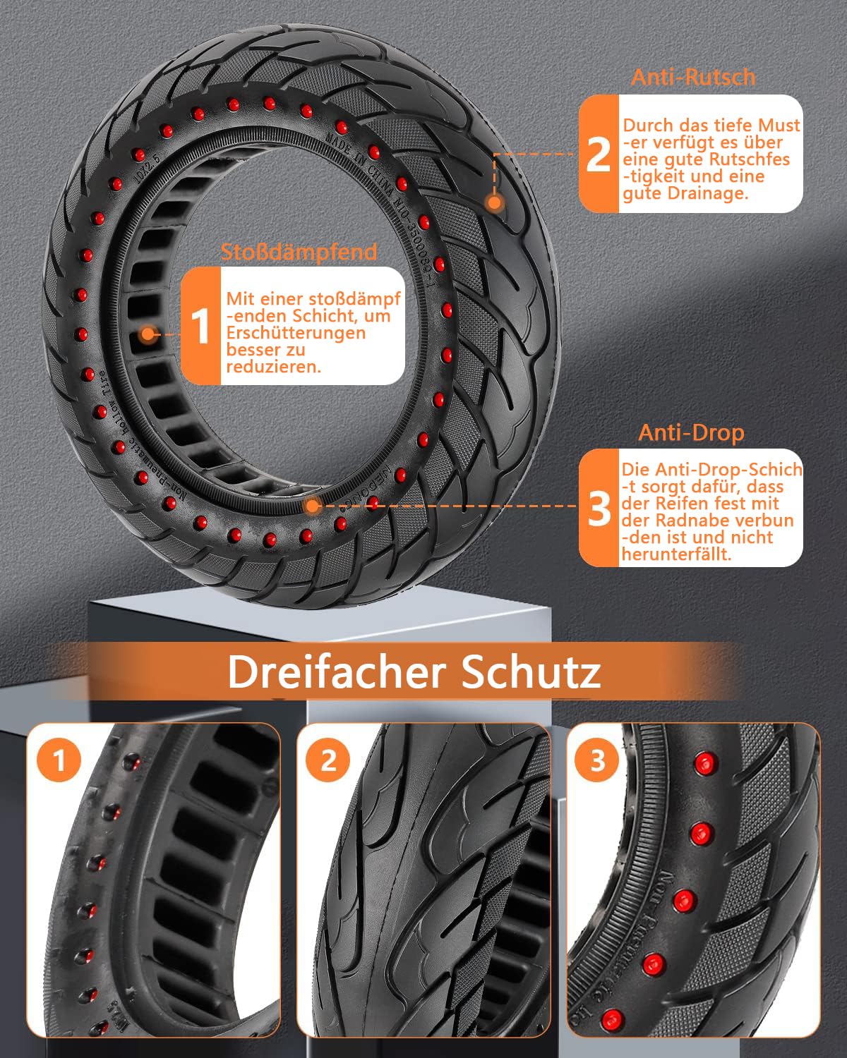 "VOLOHAS 60/70-6.5 Solid Rubber Tires 10*2.5 for Segway Ninebot Max G30/G30E/G30LP electric scooter front or rear Honeycomb Tires Anti-slip Puncture-proof (Red Dot 2 PCS)"