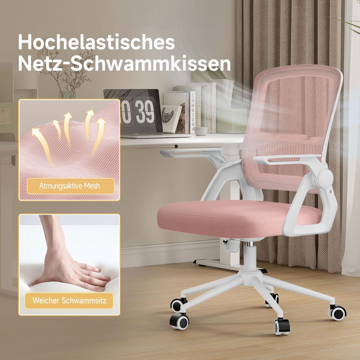 naspaluro office chair with foldable armrests, ergonomic desk chair with mesh backrest, lumbar support, height adjustable, rocking function, padded seat cushion, pink