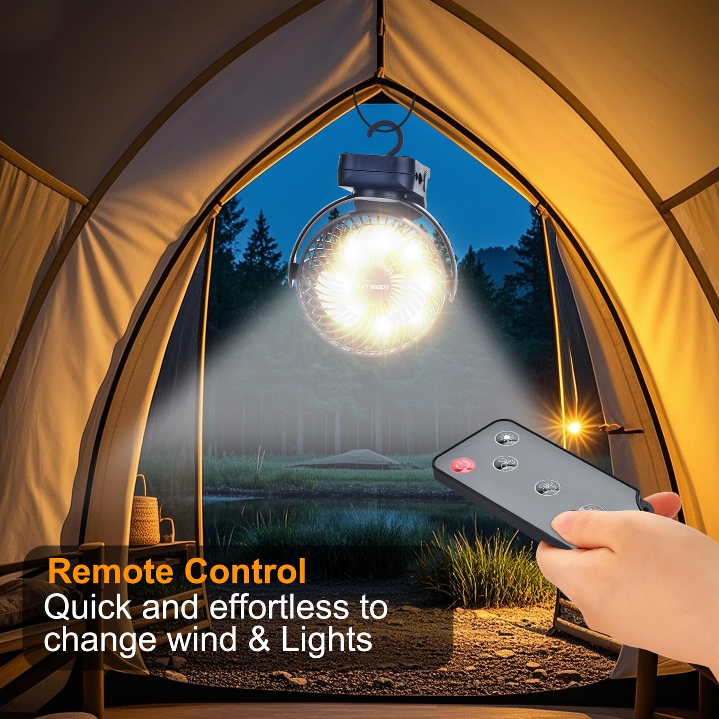 GOBRILLFUN 6 inch 12000mAh Remote Control Clip-on Fan, LED Night Light, 3 Speeds, Portable Personal USB Fan for Home, Office, RV, Outdoor Camping - Blue