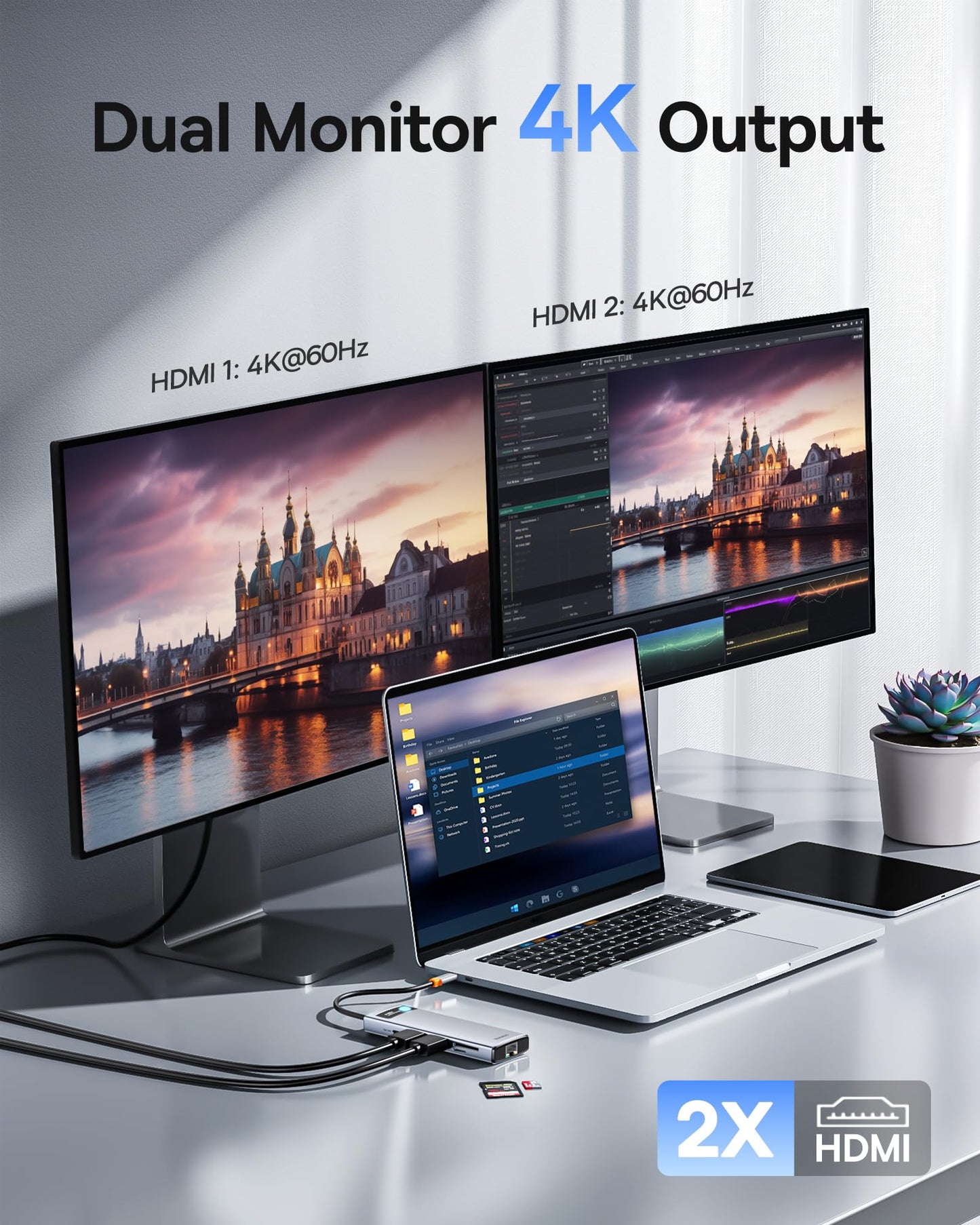 Baseus 9 in 1 Docking Station features USB C 4K@120Hz, dual HDMI monitors, 1000Mbps Ethernet, 100W PD, TF/SD card reader, USB 3.0, and multiport adapter for MacBook, Dell, HP, Surface, Lenovo, and other PCs.