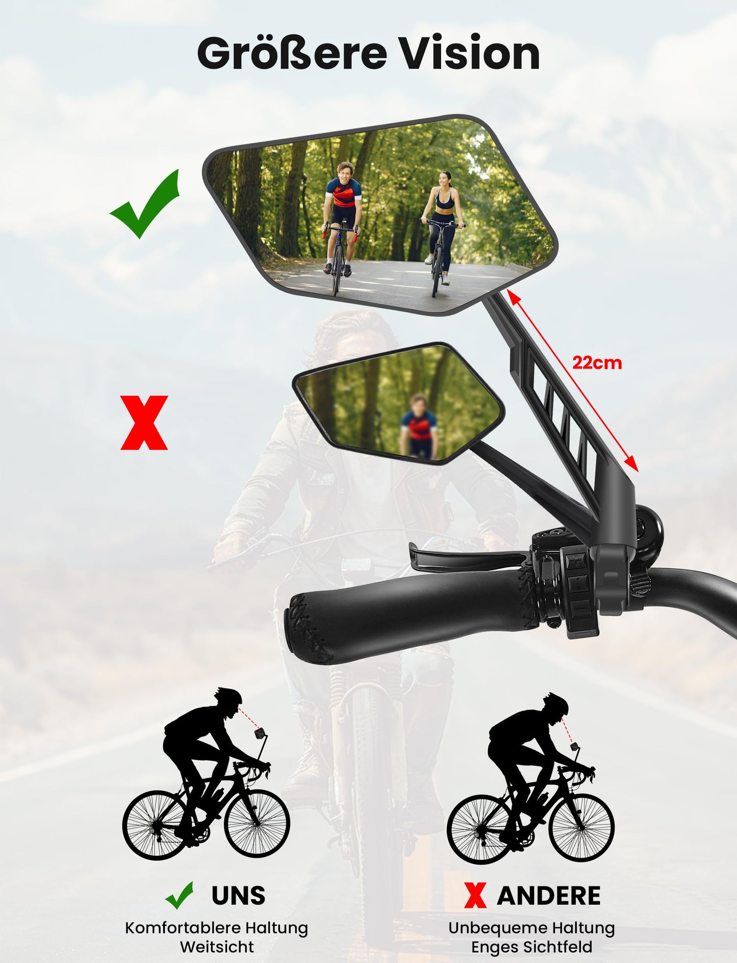 COICER bike mirror (right+left) with extra large mirror surface - 360° adjustable bike mirror for E-bike & E-scooter handlebars - rearview mirror compatible with all models (set right+left)