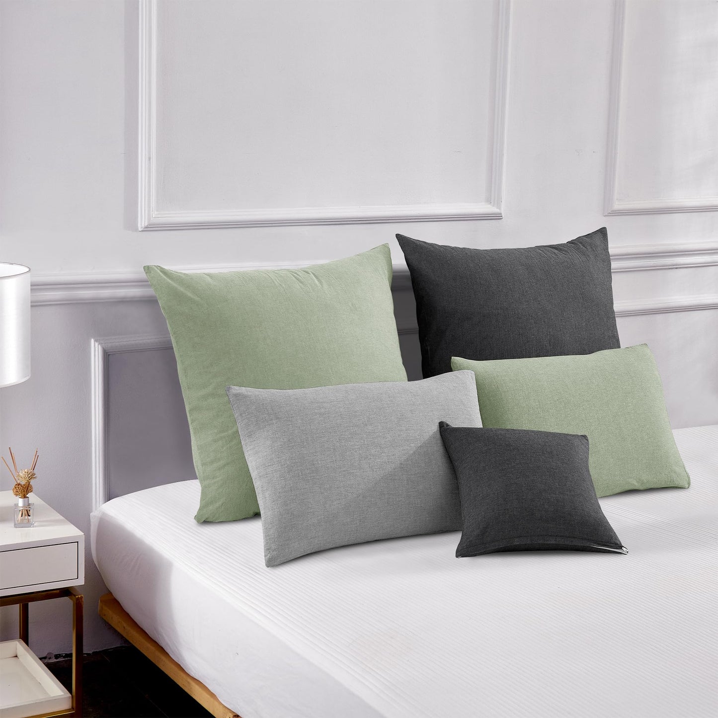 TOCOMOA 50x50 cm pillowcase set of 2 - 100% washed cotton pillowcases Oeko-TEX certified, linen look and breathable pillow cover, light green pillowcase with zipper.