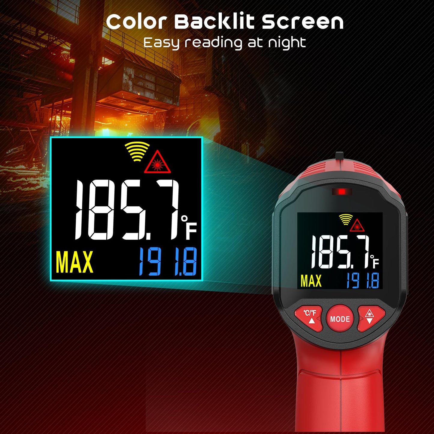 Infrared thermometer, SQECH temperature measuring device -50℃~600℃ (-58℉~1112℉), with adjustable emissivity and colored backlight, for cooking, pizza oven, refrigerator, industrial (Red)