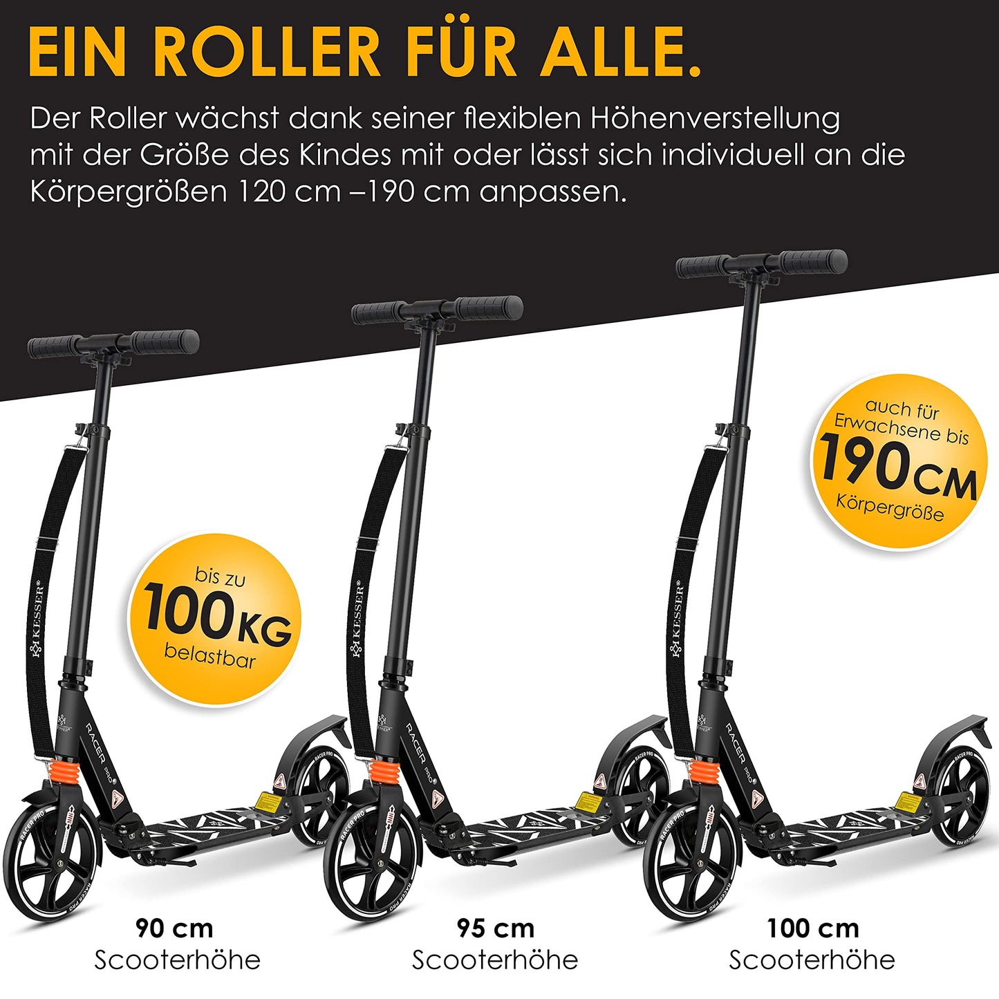 KESSER® City Scooter Scooter 205mm Wheels PU Big Wheel - Pro-S Kick Scooter with Dual Suspension, Foldable City Scooter and Adjustable Height, Includes Strap, Roller Kick Scooter for Adults and Children