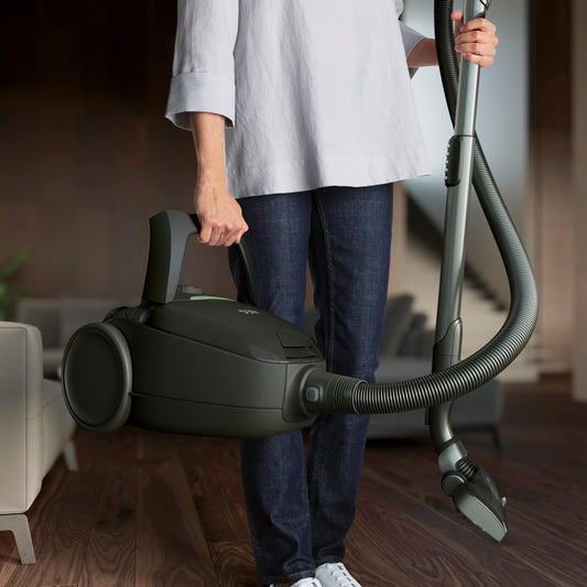 AEG vacuum cleaner with bag, 75% recycled material, automatic suction power control, extremely quiet even on carpet, captures large and small particles, long cord, 600W, black, VX82-1-ECO