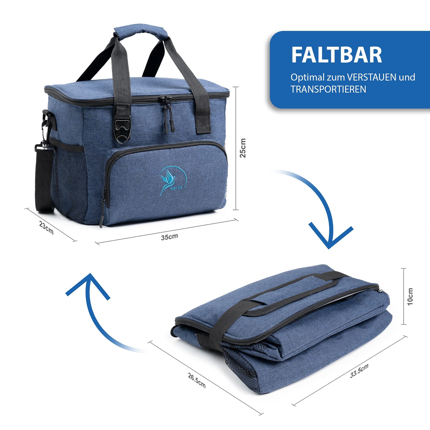 Obic's small 20l cooler bag with cool pack, foldable lunch box - thermal insulated picnic bag in blue for beach, work, car & lunch - insulated food bag for on the go.