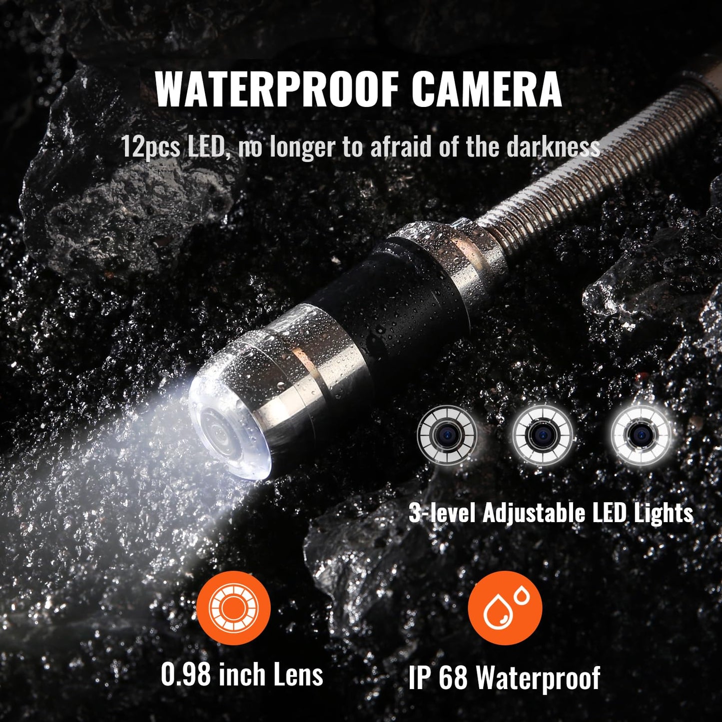VEVOR 7" Professional Pipe Camera 20m Industrial Inspection Camera 1000TVL Endoscope Drain Camera 16GB SD Card IP68 Waterproof 480P Color Monitor DVR 4500mAh Lithium Battery 6 Hours Continuous Operation with Carrying Case.