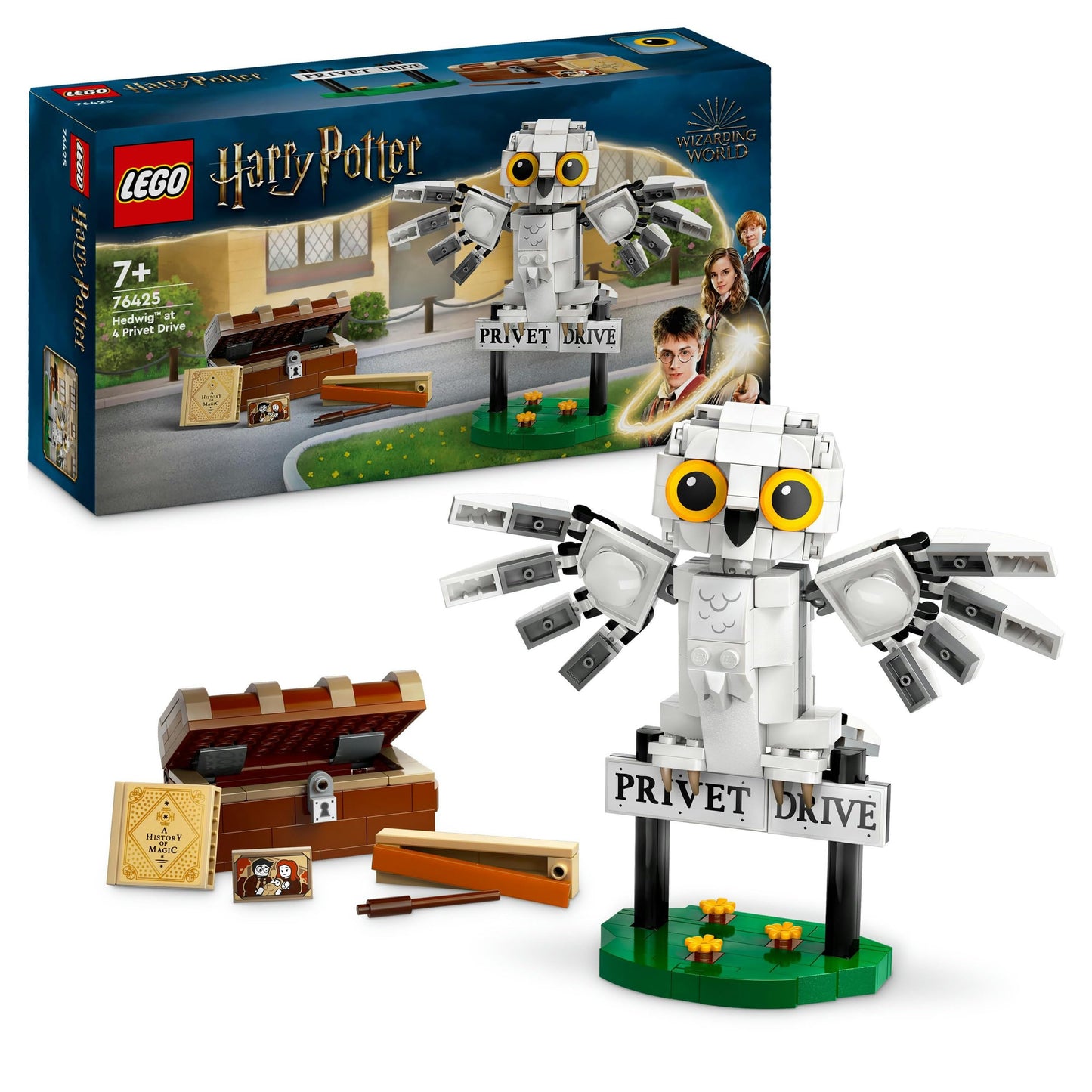 LEGO Harry Potter Hagrid's Hut: A Unexpected Visit set comes with 5 mini-figures and 2 animal figures. Also, Harry Potter's Hedwig in Privet Drive 4 set includes a toy owl for kids.