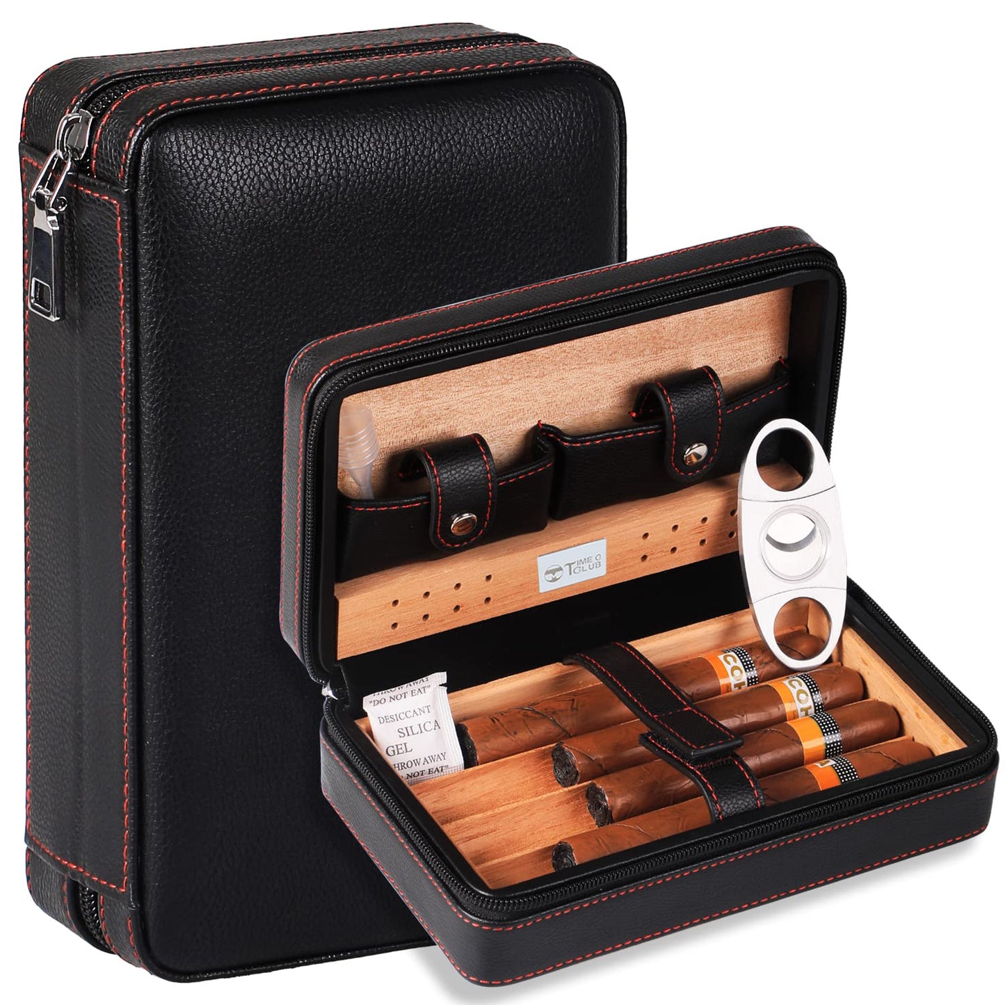 Time C club 4 Finger Portable Travel Cigar Case made of leather, Cigar Humidor with cigar cutter and humidifier, Best Man gift, Birthday gift, Father's Day gift