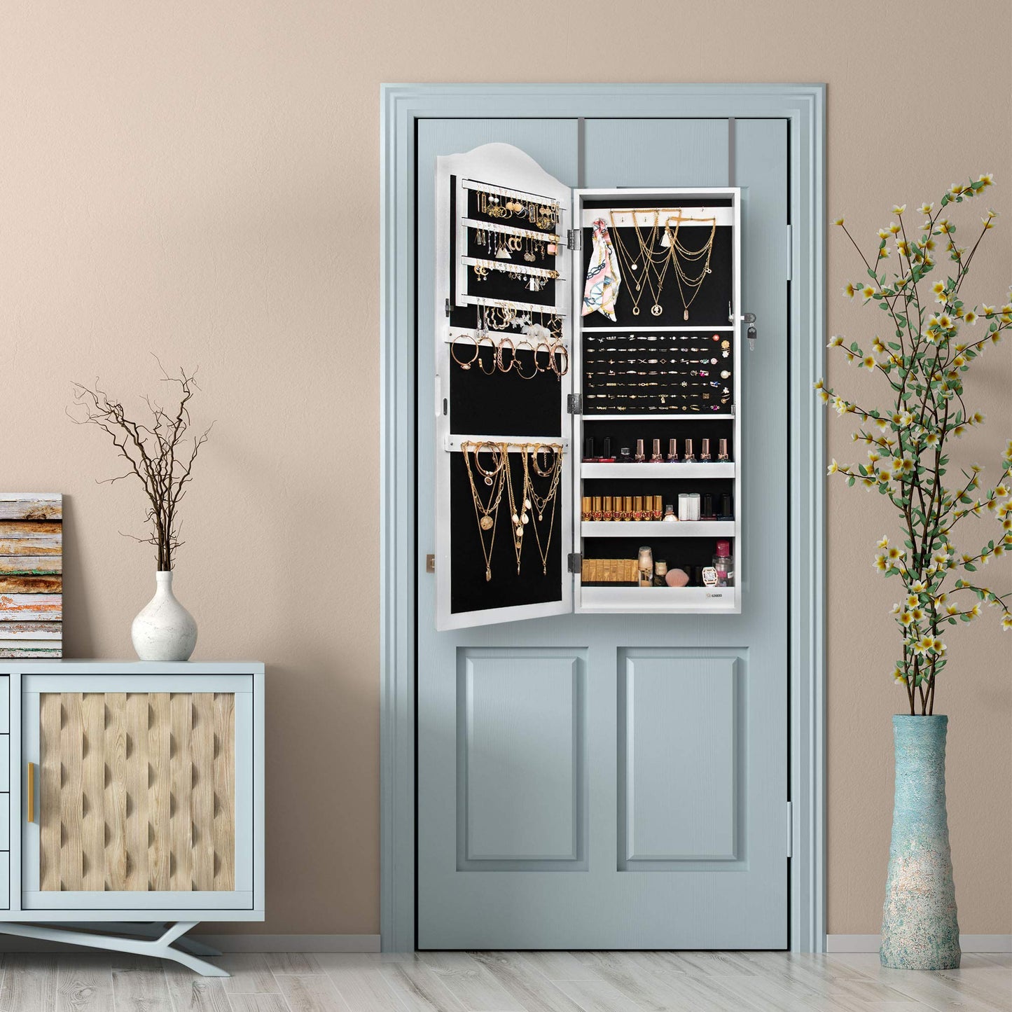 Ezigoo Large Jewelry Cabinet with Mirror - High capacity for jewelry storage, wall mountable and secure