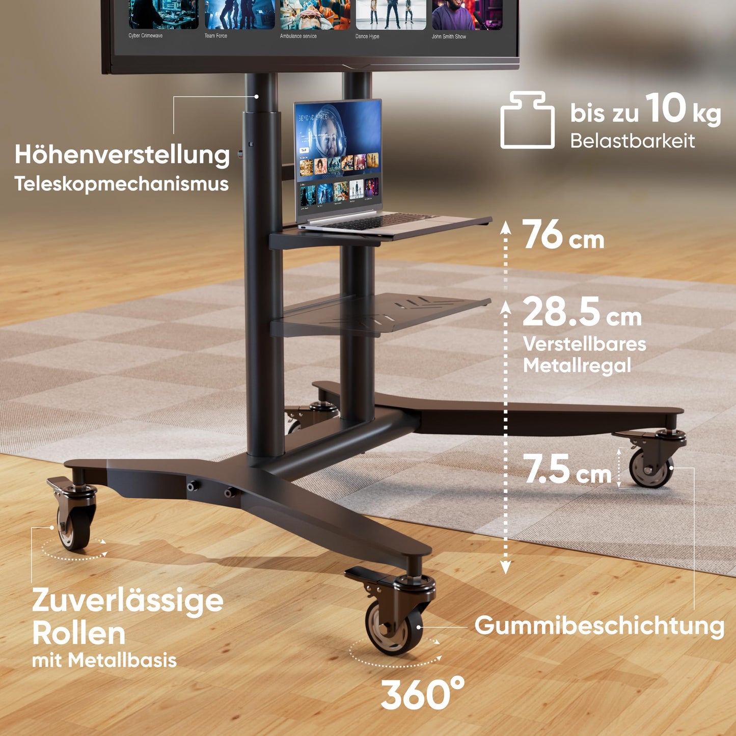 ONKRON TV stand on wheels for 55-90 inch TVs, max weight capacity 90 kg, rolling TV stand with adjustable height, max VESA 800x600, professional TV cart with black rollers TS1871-B.