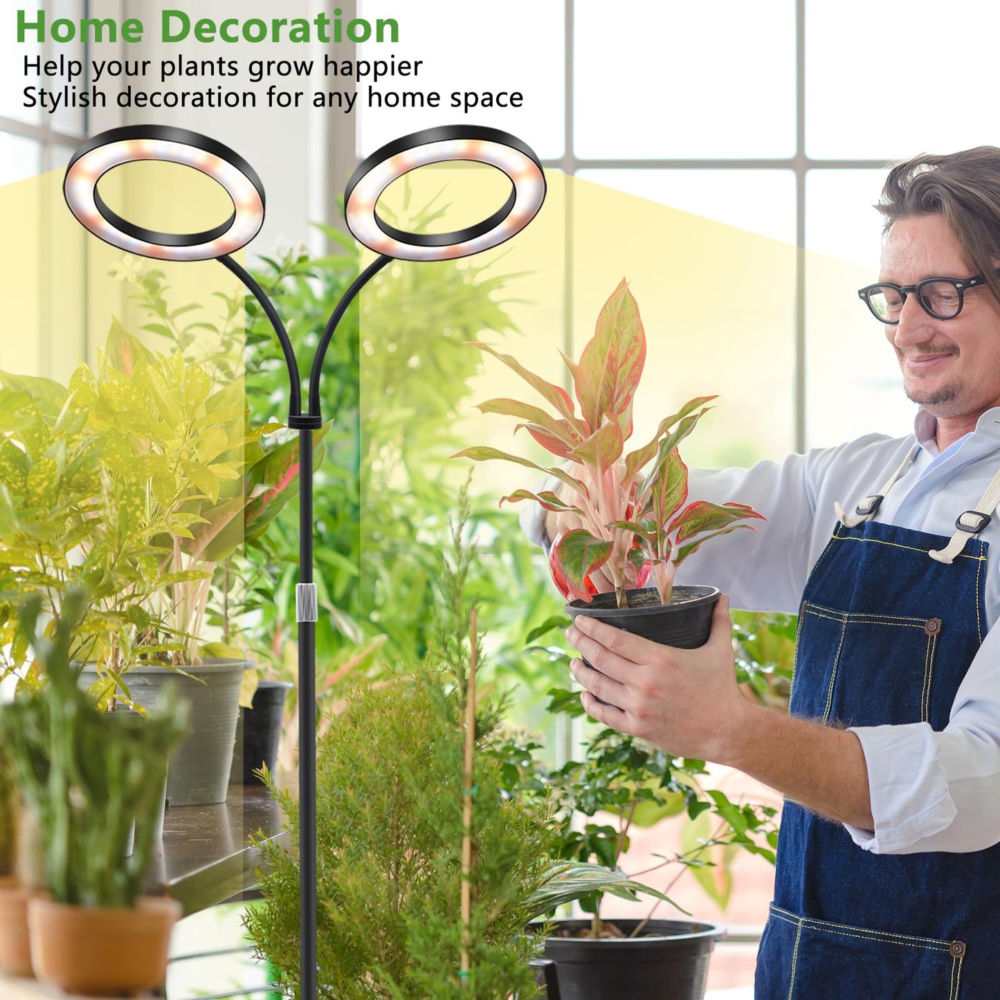 Niello Grow Lamp with Stand, 2-Head LED Plant Light for indoor Plants, Full Spectrum Growth Lamp, Auto on/off 3/9/12H Timer, 10 dimmable Levels, Adjustable Height for tall Plants.