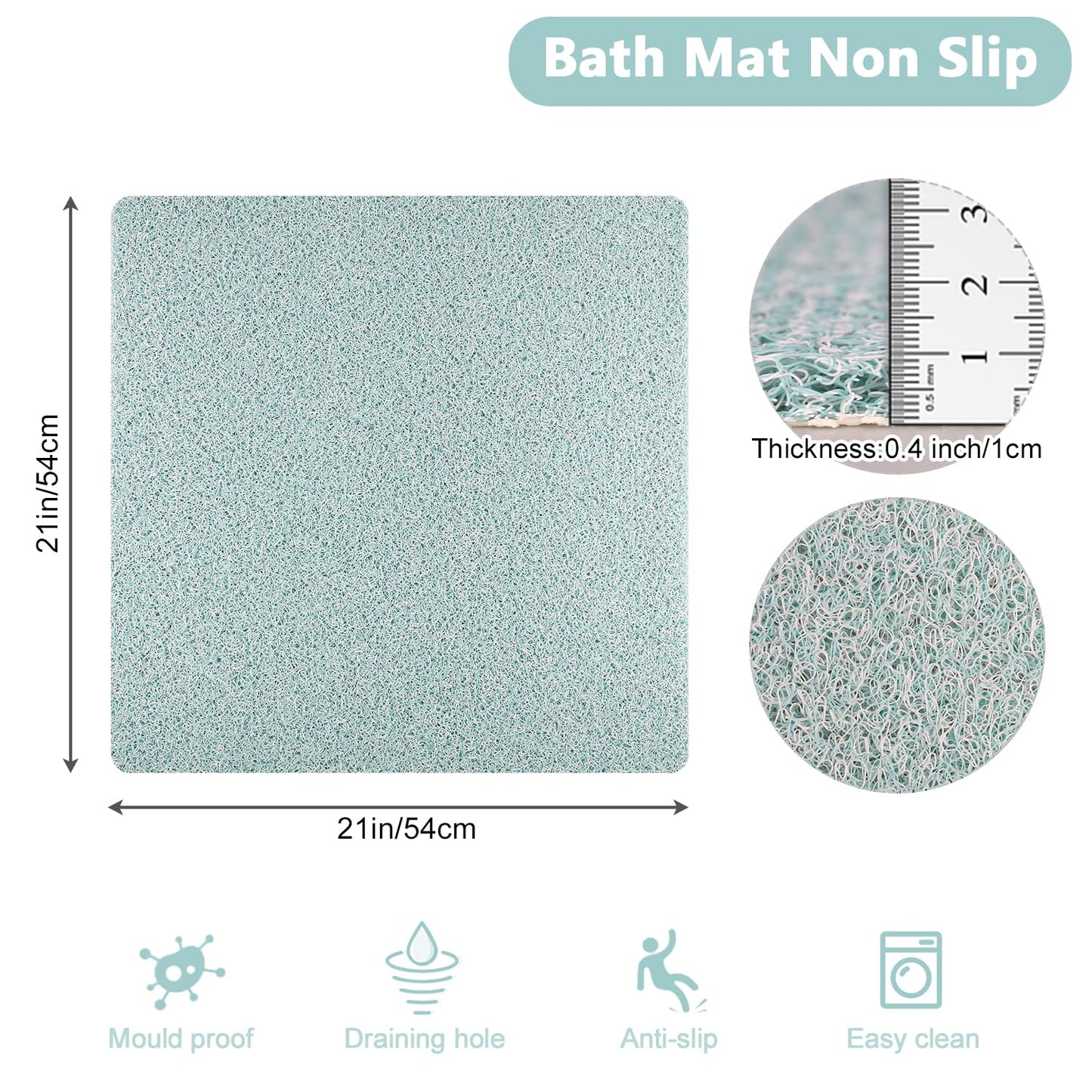 Square shower mat, non-slip anti-mold bath mat 53x53 cm, luffa shower mats for indoor shower, quick-drying bath mat for bathroom floor, bathtub mat for elderly people.