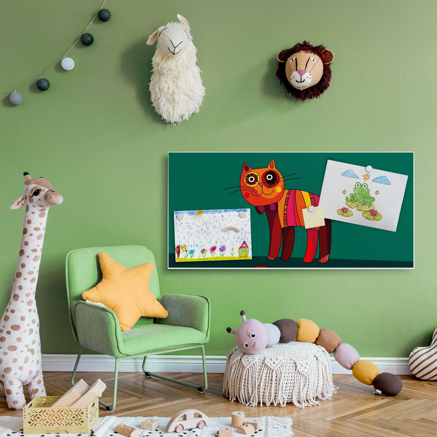banjado magnetic board white 78 x 37cm / metal magnetic board as memo board/pinboard for kitchen, office, children's room incl. 4 magnets & mounting kit - design orange cat
