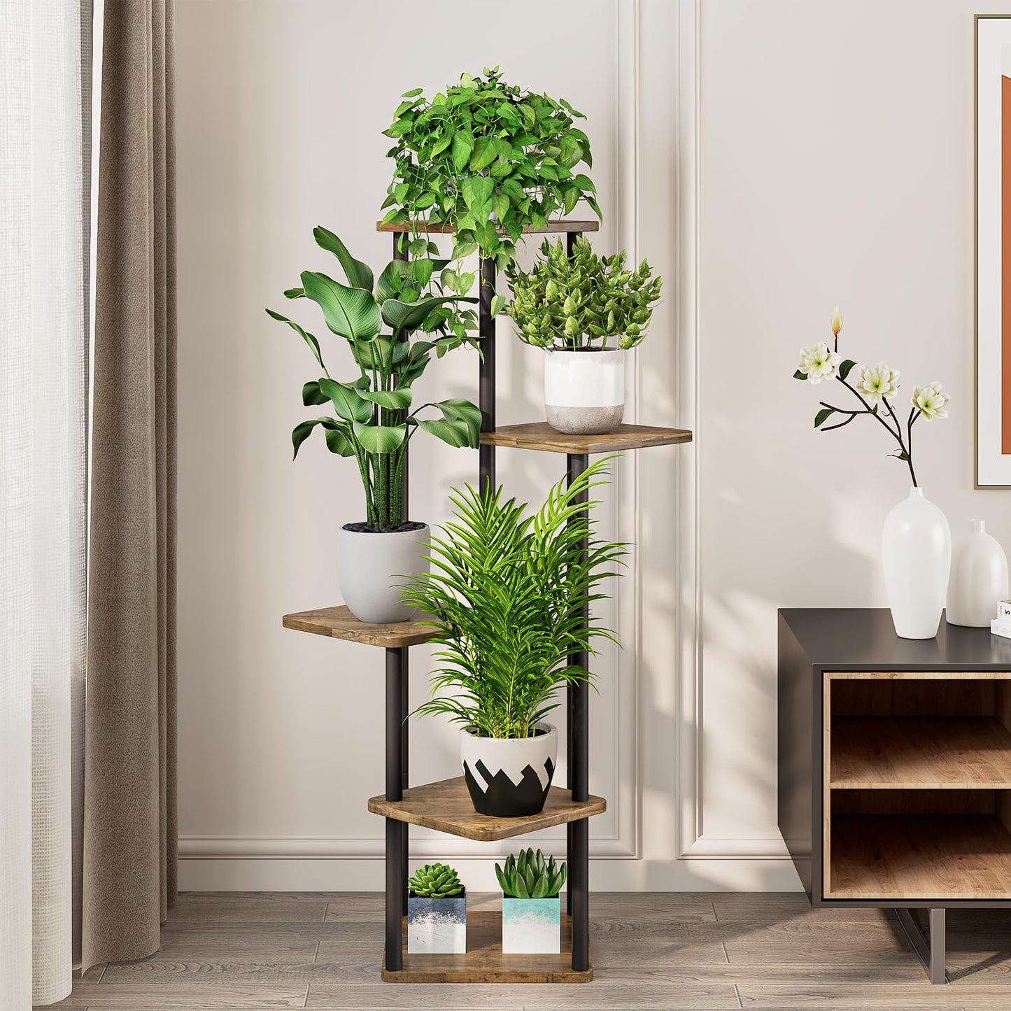 VASZOLA 5-Tier Wooden Flower Rack Plant Stand, Multi-layer Flower Shelf Plant Holder Flower Bench Flower Staircase Plant Staircase Stand Shelf for Indoor Garden Balcony Decor (Black)
