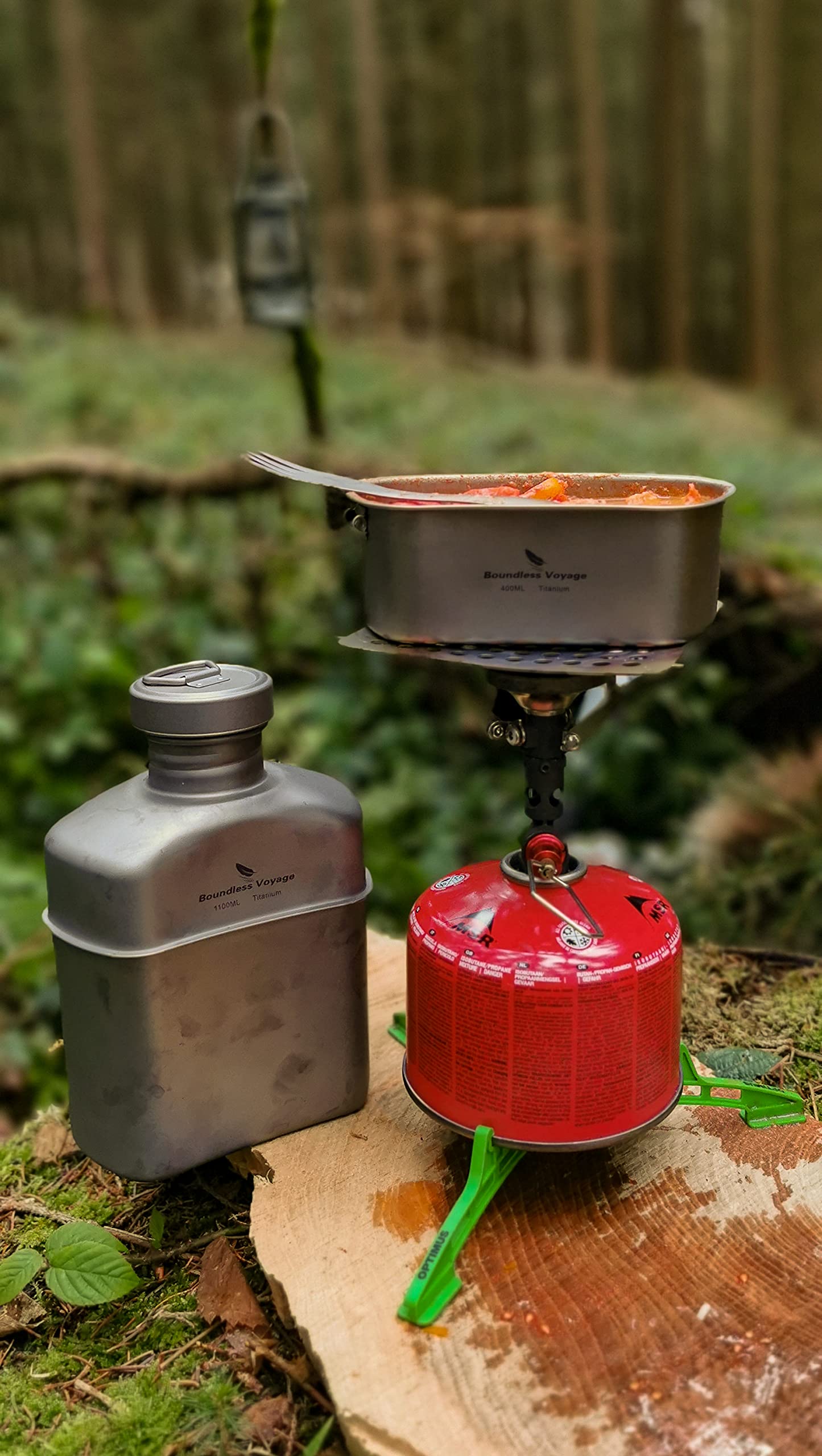 iBasingo Titan Field Bottle Set - Lightest Military Cookware 1100ml water bottle, 750ml & 400ml pot with lid, hanging steel wire & camouflage pouch. Cookware for outdoor camping hiking Ti2049C