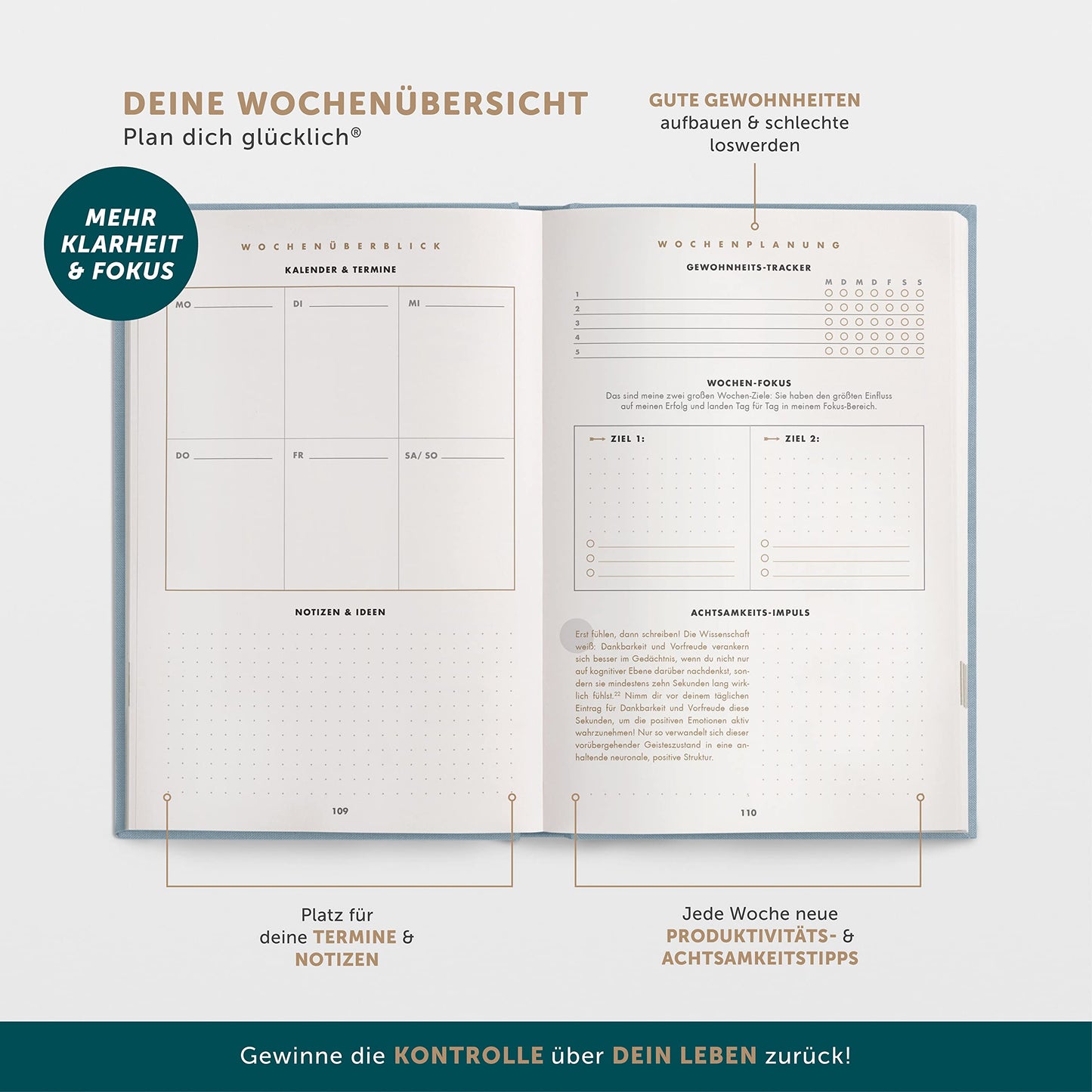 6-Minute Diary Success Journal PURE - The #1 daily planner for more motivation & success - Undated journal book - Achieve goals more calmly and focused with journaling