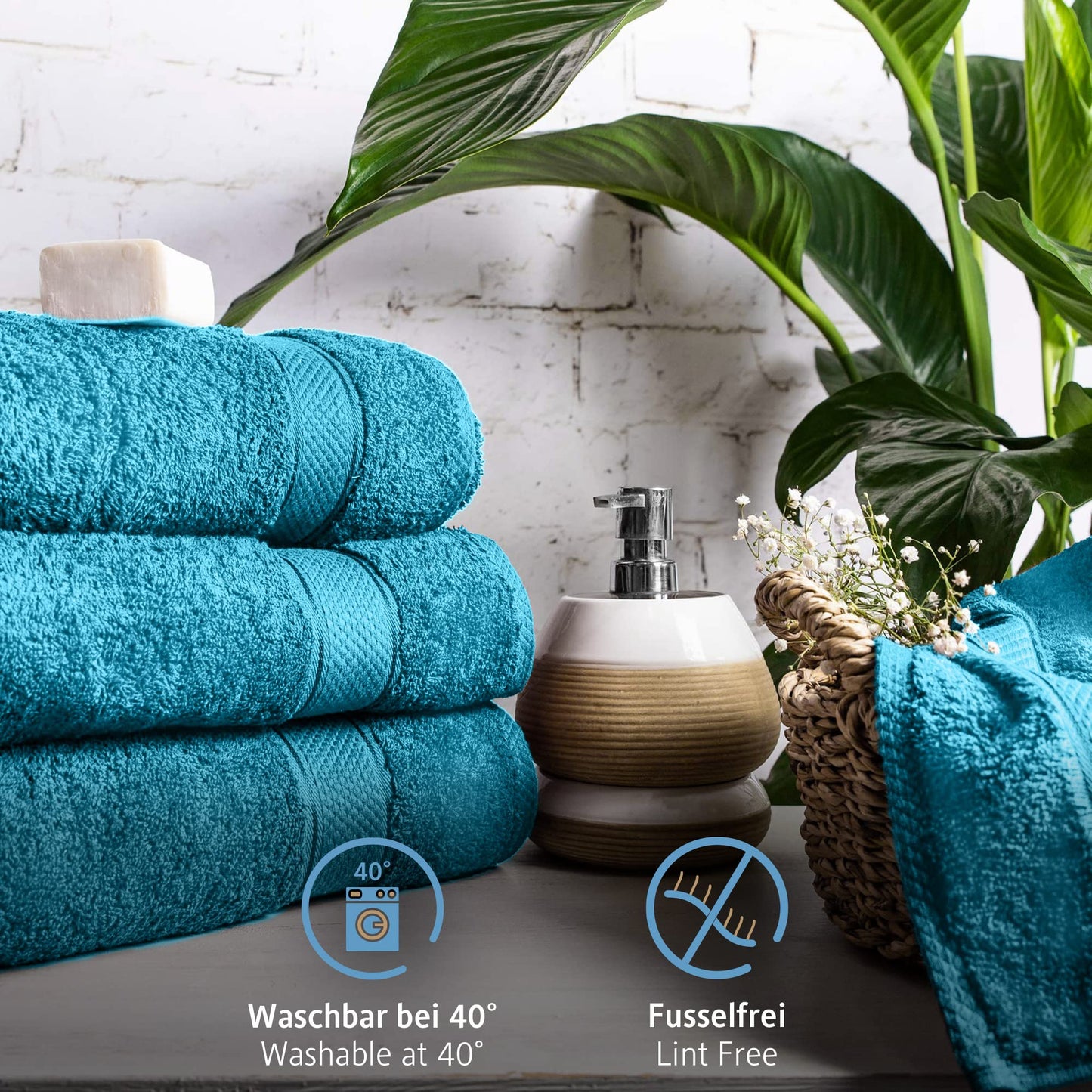 Comfortec 2-piece set bath towels, 70x140cm size, double pack, 100% cotton, towels, terry cloth, soft, absorbent, turquoise.