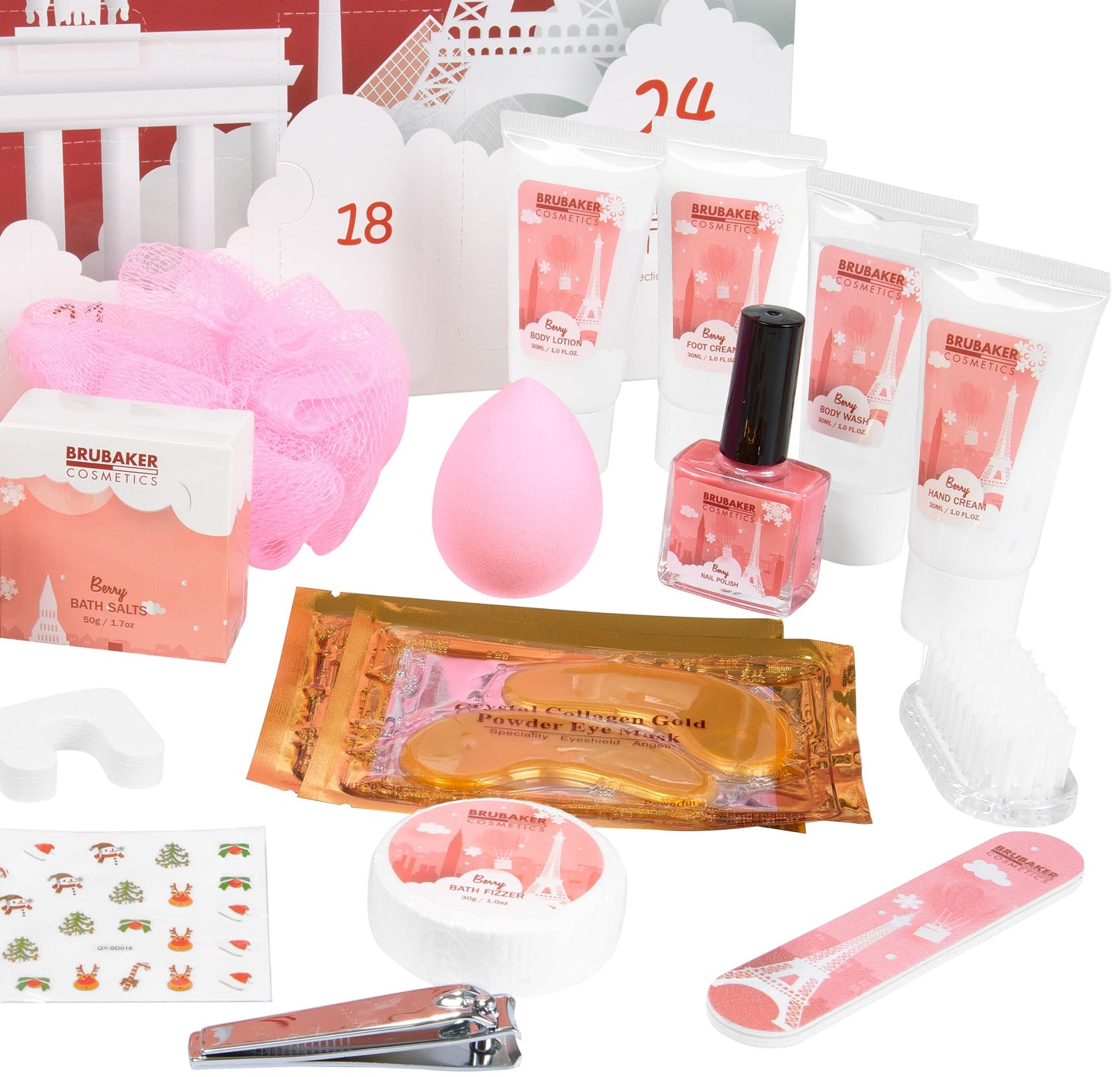 BRUBAKER Cosmetics Beauty Advent Calendar 2025 - the XXL wellness Christmas calendar for women and girls - 24 x body care products & spa accessories - city landmarks pink.
