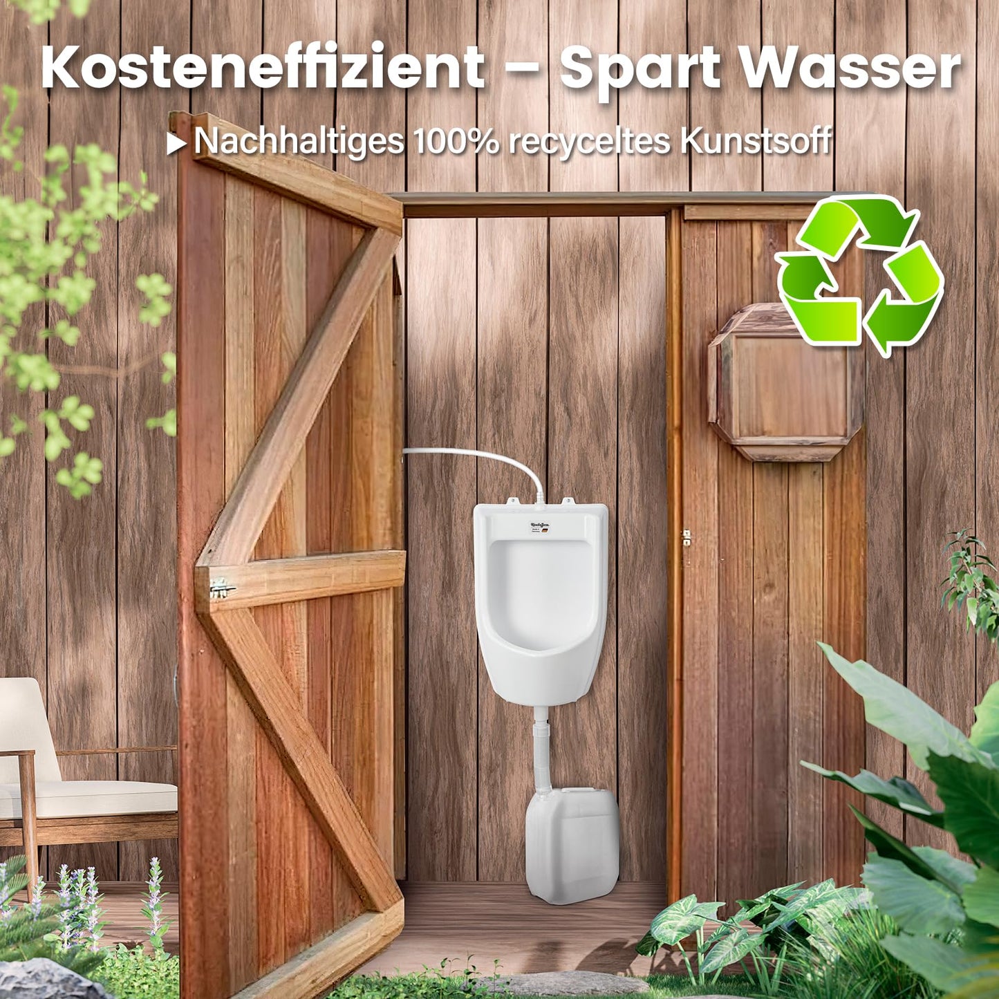 Plastic urinal with hose, urinal strainer & accessories - men's toilet set stand-up toilet, plastic wall pisuar for garden toilet house, camping, construction site - white PVC
