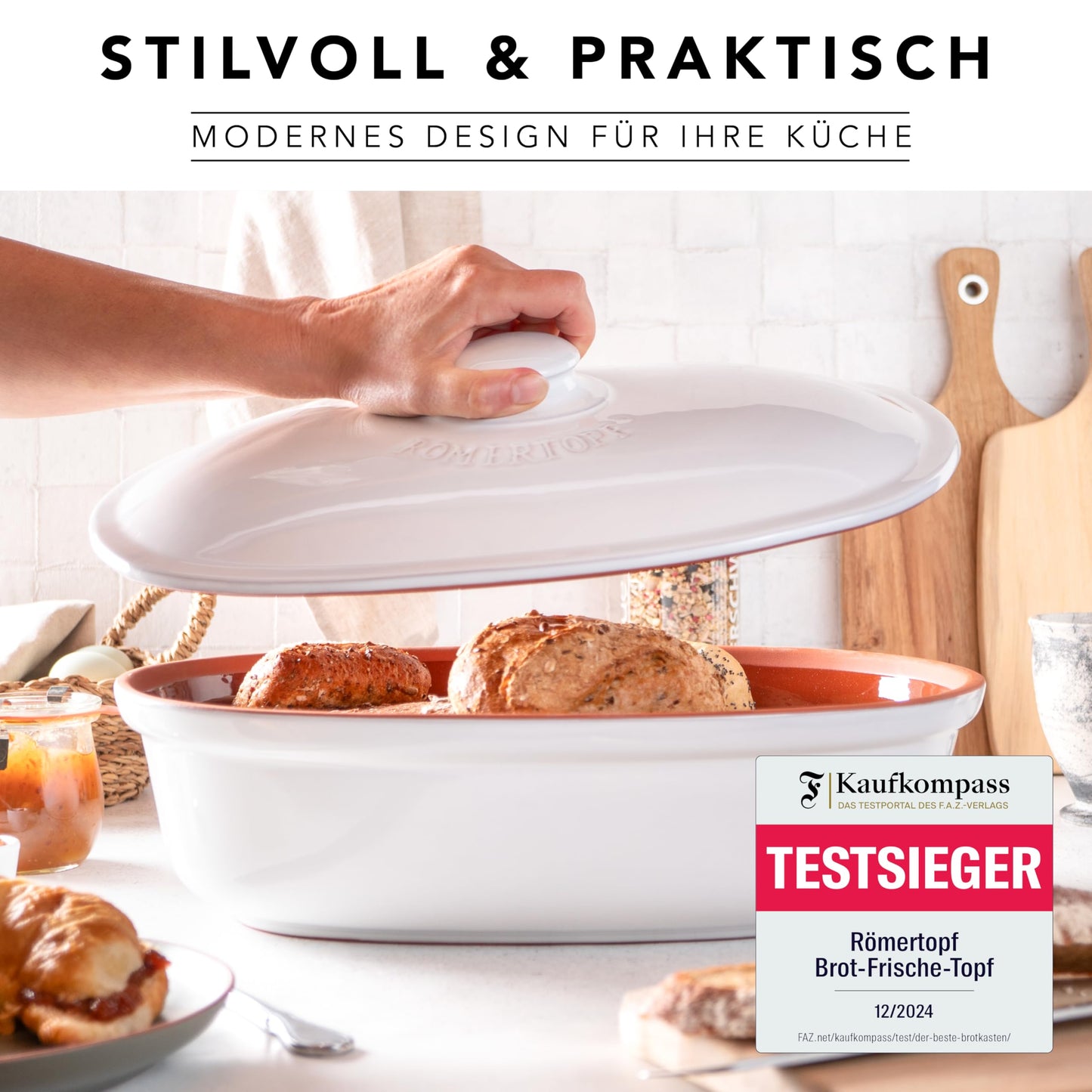 Roman pot bread pot white 6.5 liters - oval bread container made of natural ceramic with lid - for storing bread, rolls, fruit & vegetables - breathable & dishwasher safe.