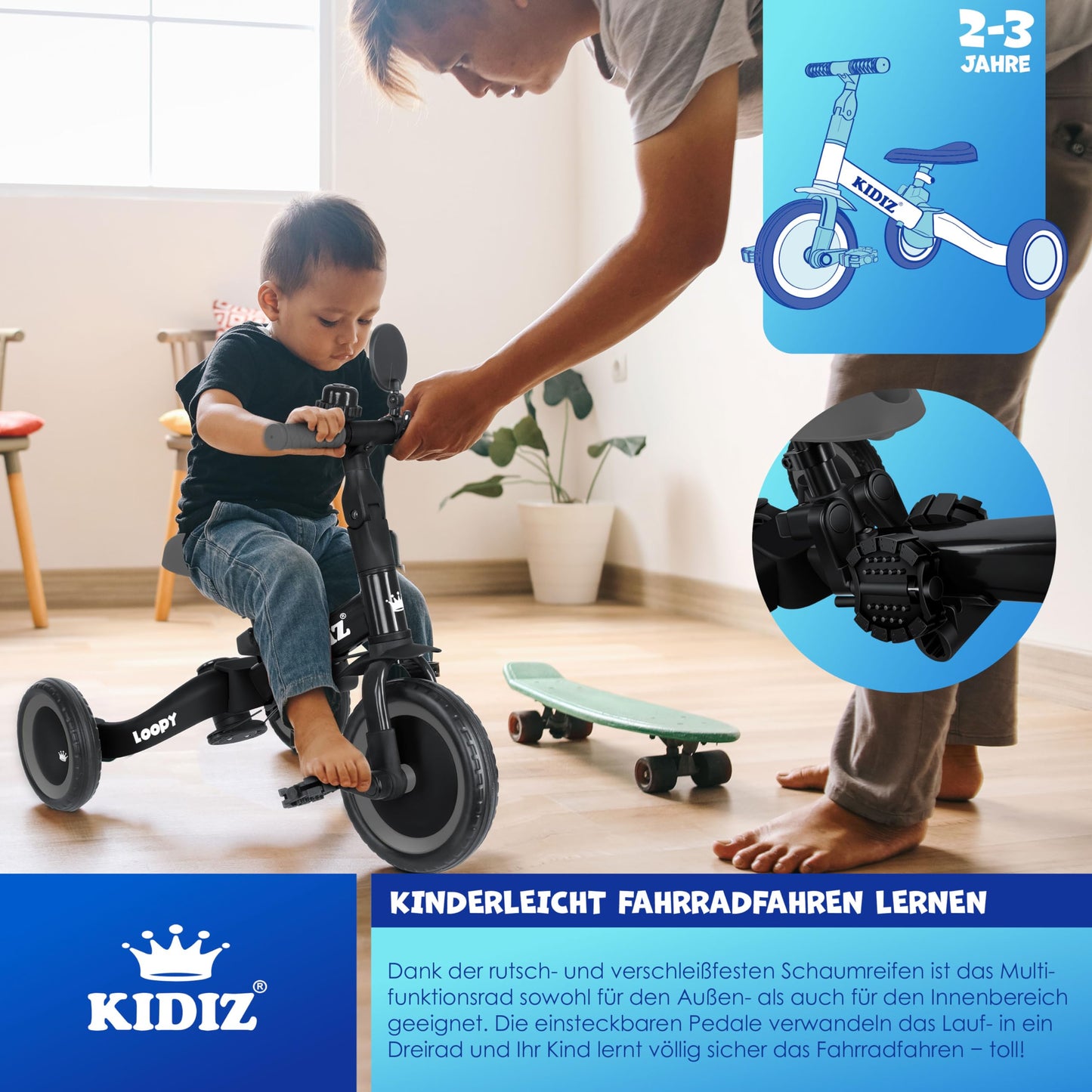 KIDIZยฎ 6in1 Balance Bike Trike | Kids' Ride-On Bike for Ages 1-5 | Supports up to 55lbs | Includes Handlebars, Safety Bar, Seatbelt, Bell & Mirror