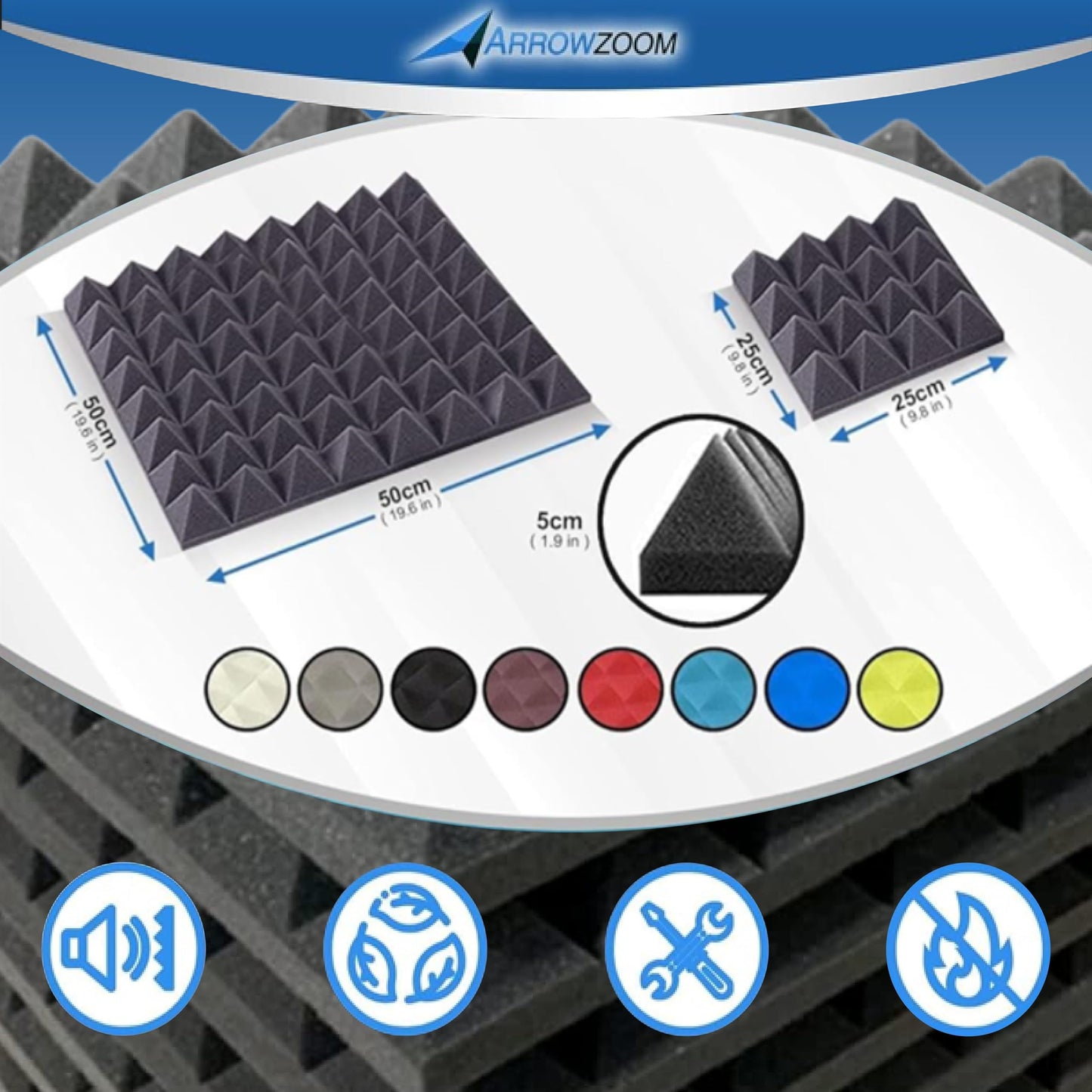 Arrowzoom 48 Acoustic Panels Acoustic Foam Mats Soundproofing Acoustic Foam 25x25x5cm Soundproofing Pyramid Foam Broadband Absorber Foam Flame Retardant Recording Studio Sound Absorbing Gray Black 1034