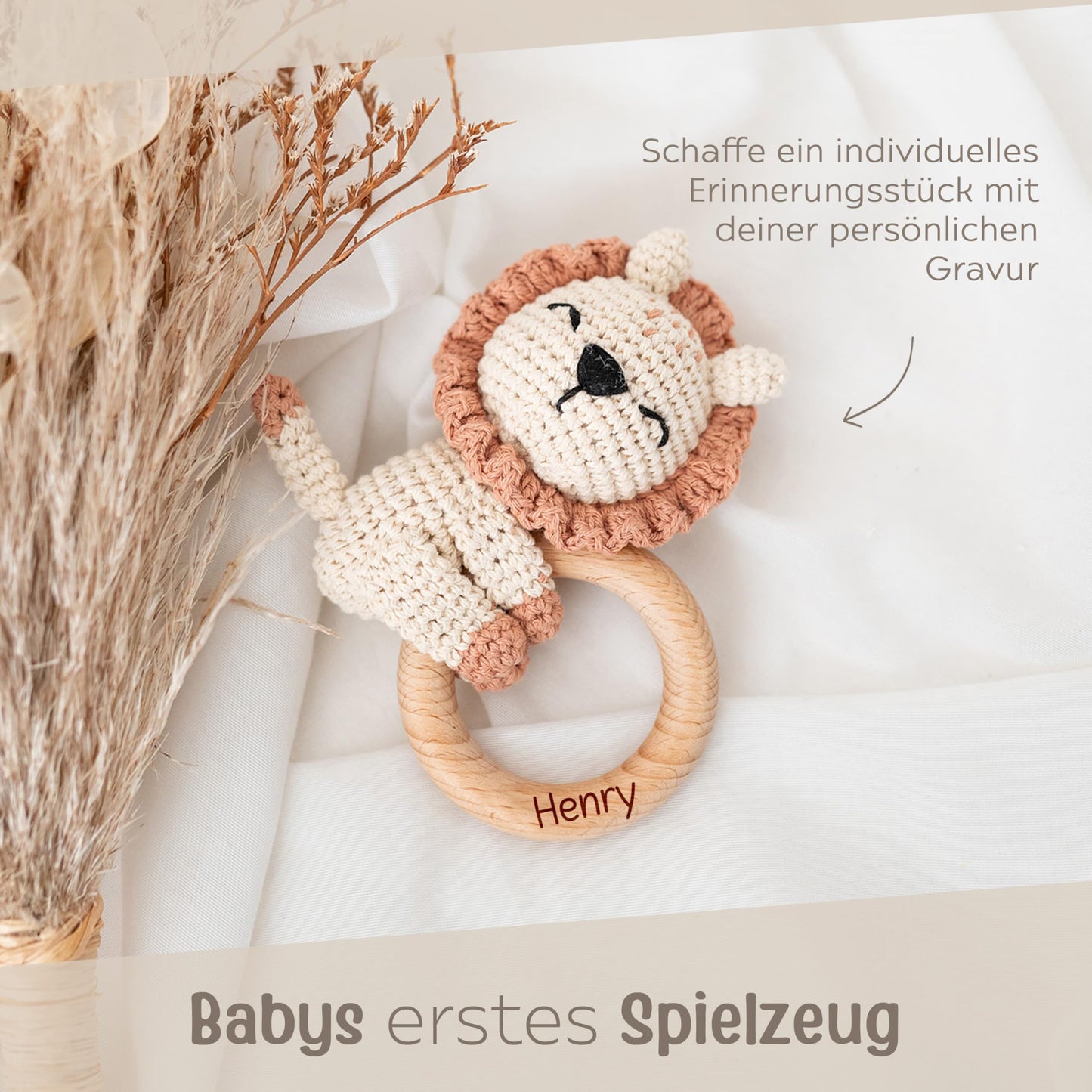 miracle wish® - Personalized Teething Ring Baby - Cute Grasping Toy for Babies from 0 months - Baby rattle with name as baby gift for girls and boys (lion lying down, without name)