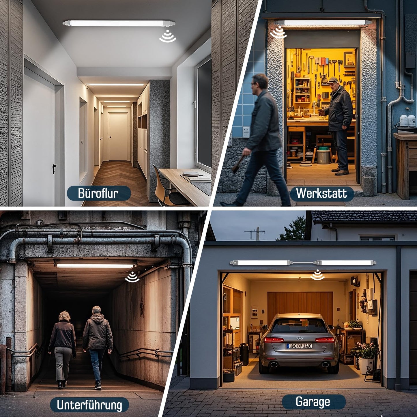 Surface-mounted LED moisture-proof luminaire 60cm with motion sensor, 18W 1800LM 4000K LED ceiling light sensor tube, linkable LED batten luminaire workshop lamp waterproof IP65 for garage balcony basement hallway staircase.
