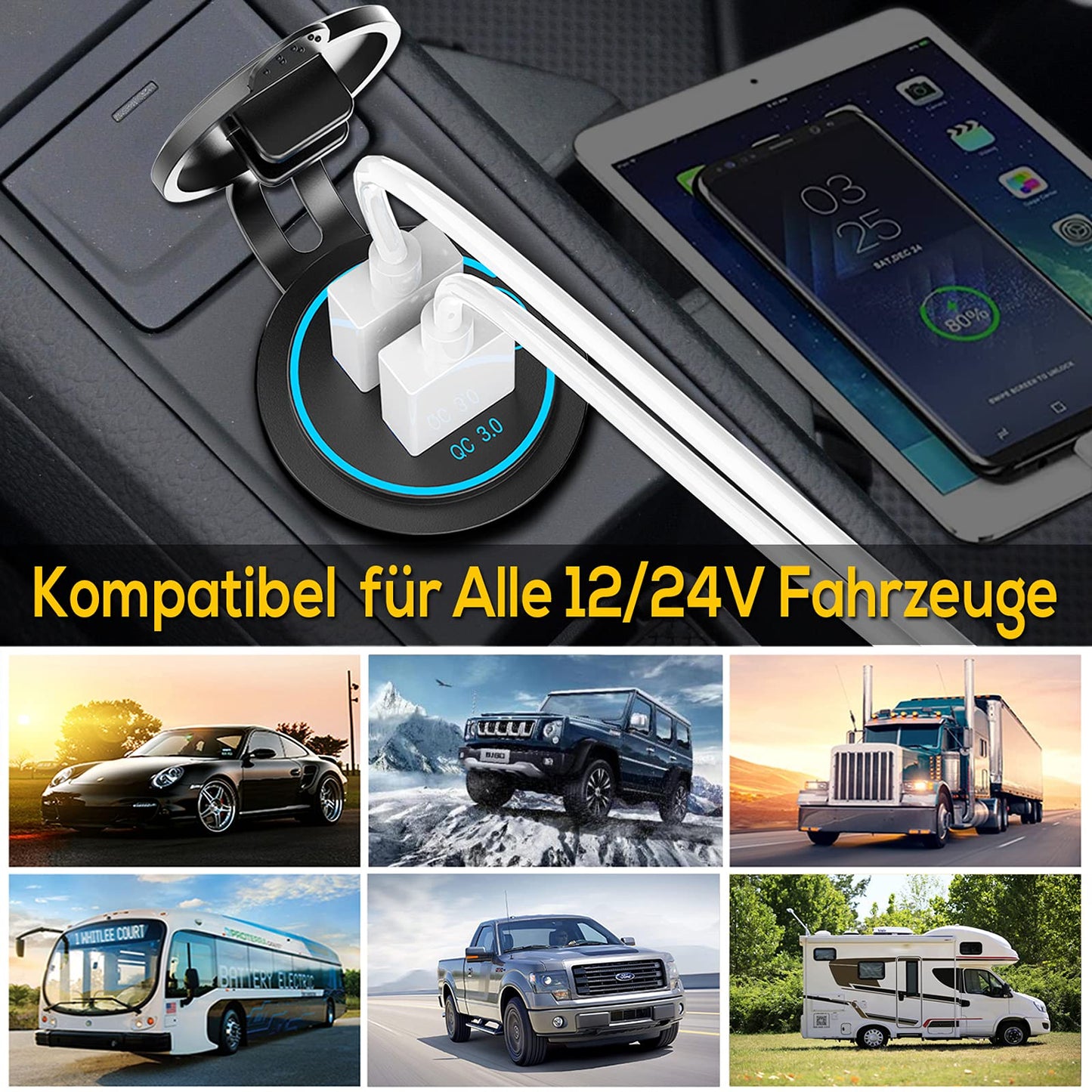 2X 36W Quick Charge 3.0 USB Outlet 12V/24V Car with Switch - QC 3.0 Car Charger Installation Socket Waterproof Cigarette Lighter USB Port for Motorcycle Boat Truck RV