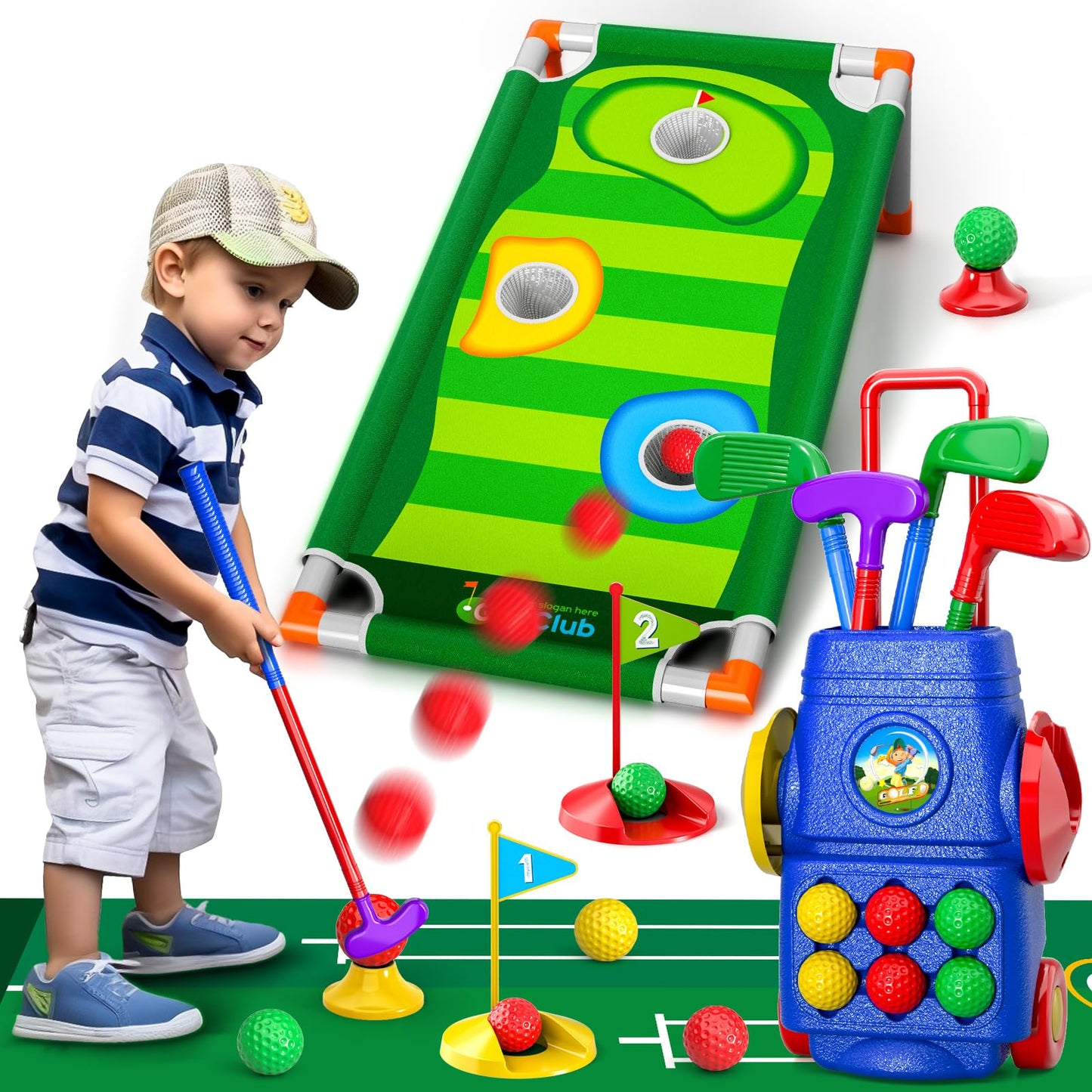 Doloowee Kids Golf Clubs, 2 in 1 Toddler Golf Set with Golf Board, Putting Mat, 6 Balls, Indoor Outdoor Sports Toy Birthday Gifts for Boys Girls 3 4 5 6 Years Old