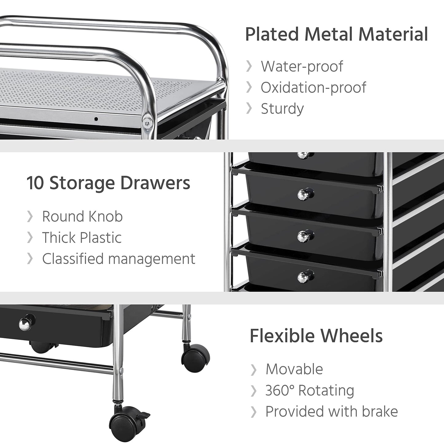 Yaheetech bathroom cart with 10 stackable drawers and metal frame. Bathroom trolley with shelves, 32×36.5×90.5 cm black.