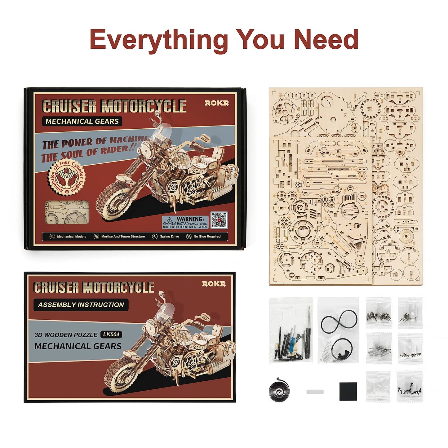 ROKR 3D Puzzle Wooden Building Set Mechanical Gear Model Cruiser Motorcycle for Kids Adults.