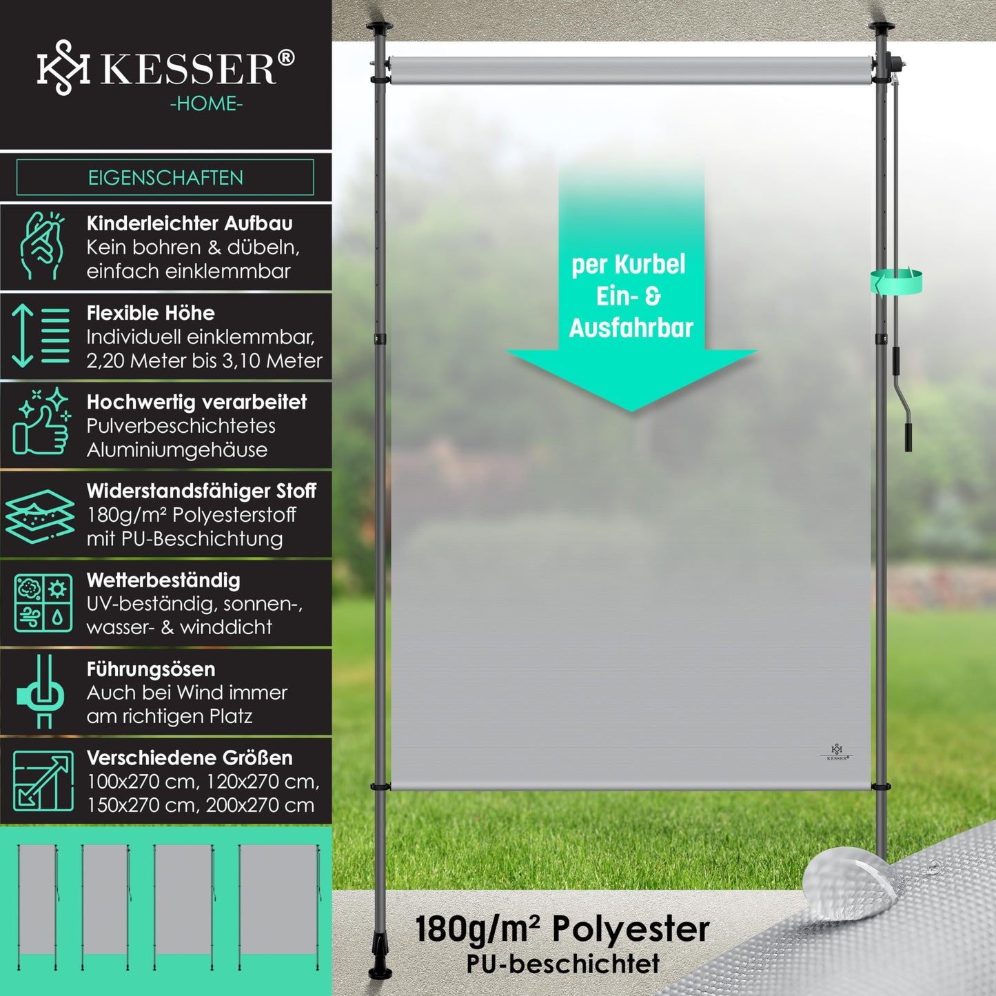 KESSERยฎ Clamp Awning Vertical Awning 200x310cm Extendable & Privacy Vertical Awning with Hand Crank No Drilling Balcony Privacy & Wind Protection for Garden & Terrace Waterproof Gray