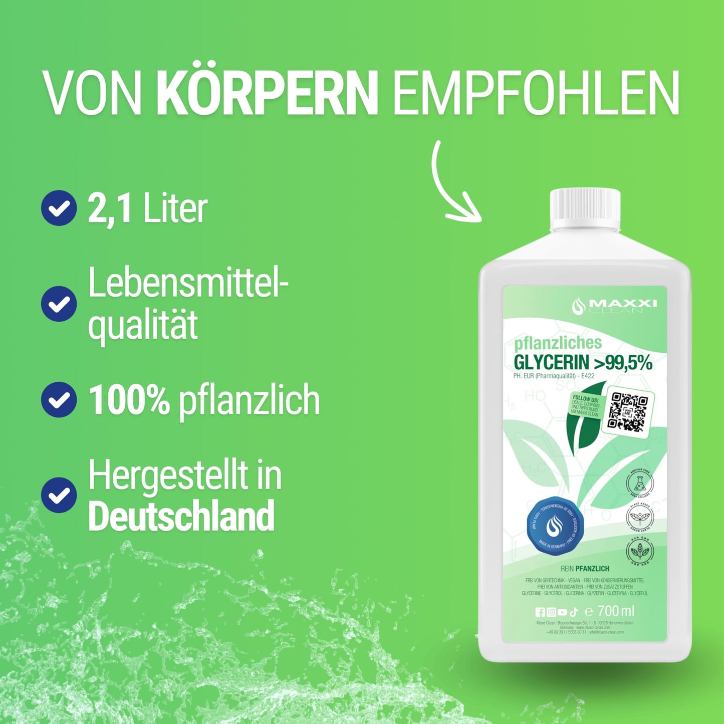 Maxxi Clean | 3x 700 ml Glycerin 99.5% | purely plant-based & nourishing for cosmetics and DIY projects | E422 Glycerol in pharmaceutical grade | Made in Germany | suitable for skincare.