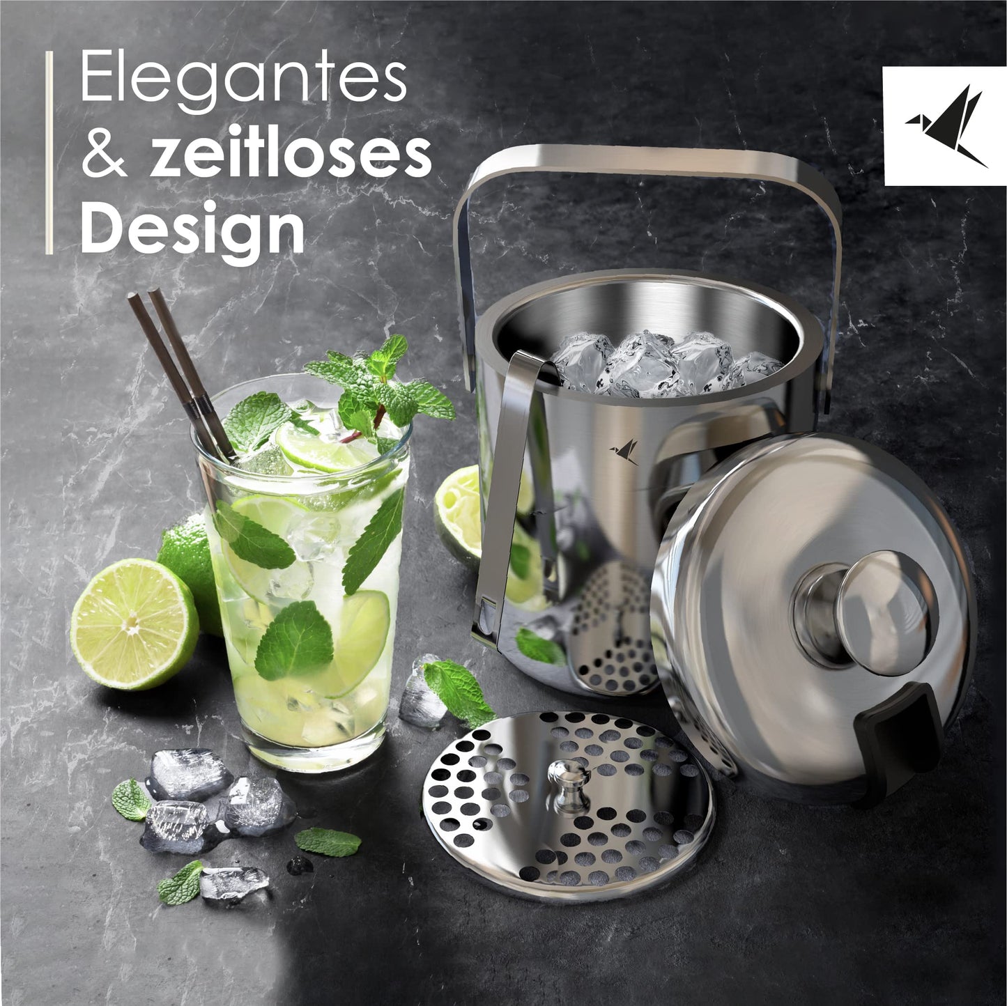 Beyond ice bucket with lid and tongs 100% BPA free made of stainless steel - double-walled ice cooler, 1.3 liters. Ice bucket for ice cubes storage.