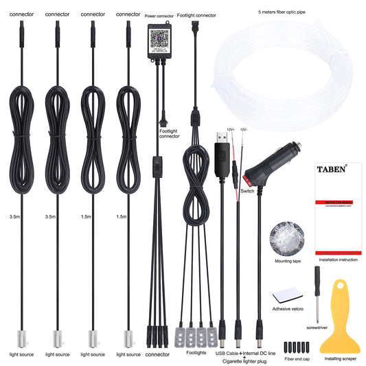 TABEN Car Interior Decoration Atmosphere Light APP Control + Brighter Footwell Car Interior Lighting Kit with 64 colors, waterproof, Car Atmosphere Neon Light Strip for Car 1W DC 12V 5m