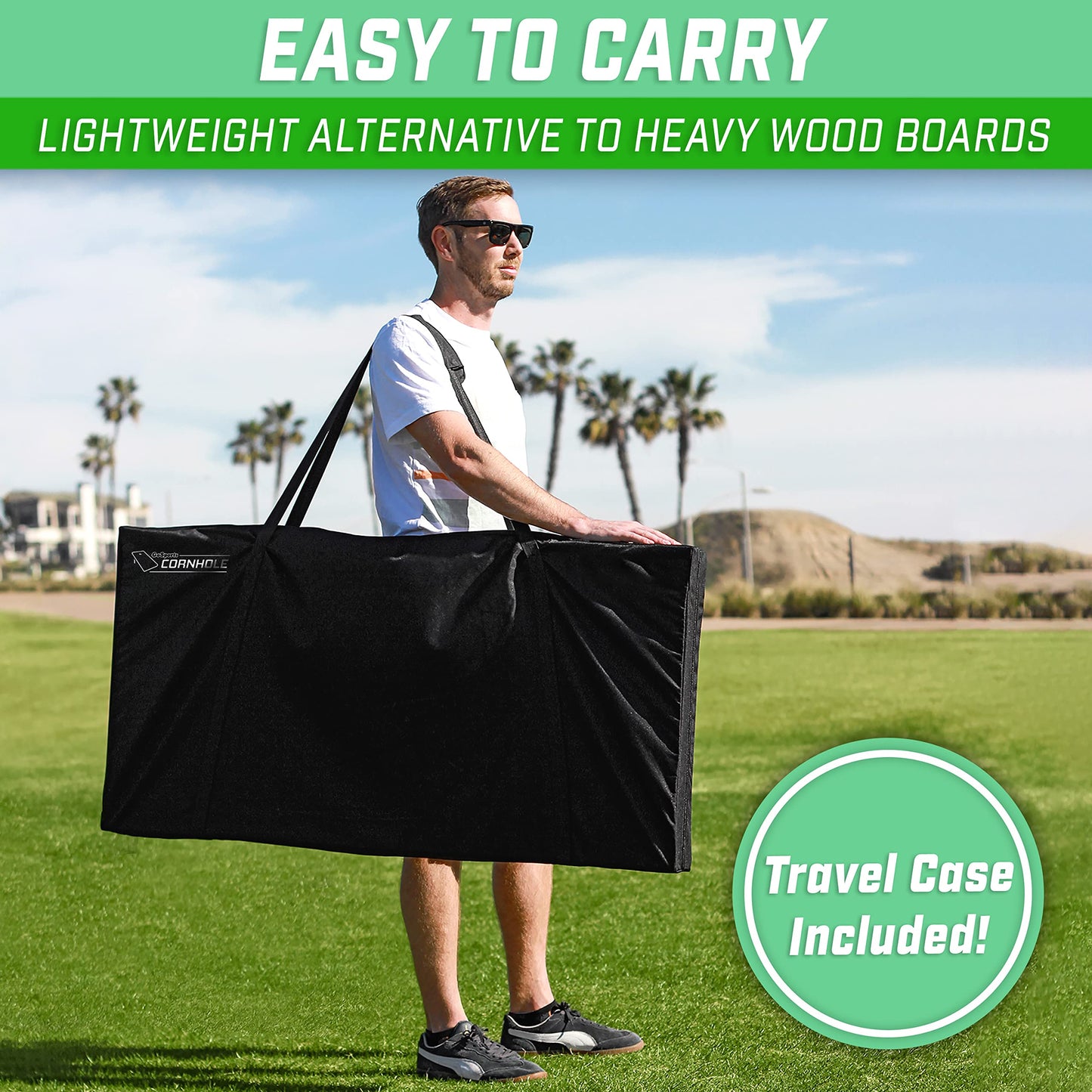 GoSports Cornhole Game Set, Handcrafted Design, 120 x 60 cm, Two Boards (120 x 60 cm), 8 Bean Bags, and Carrying Case.
