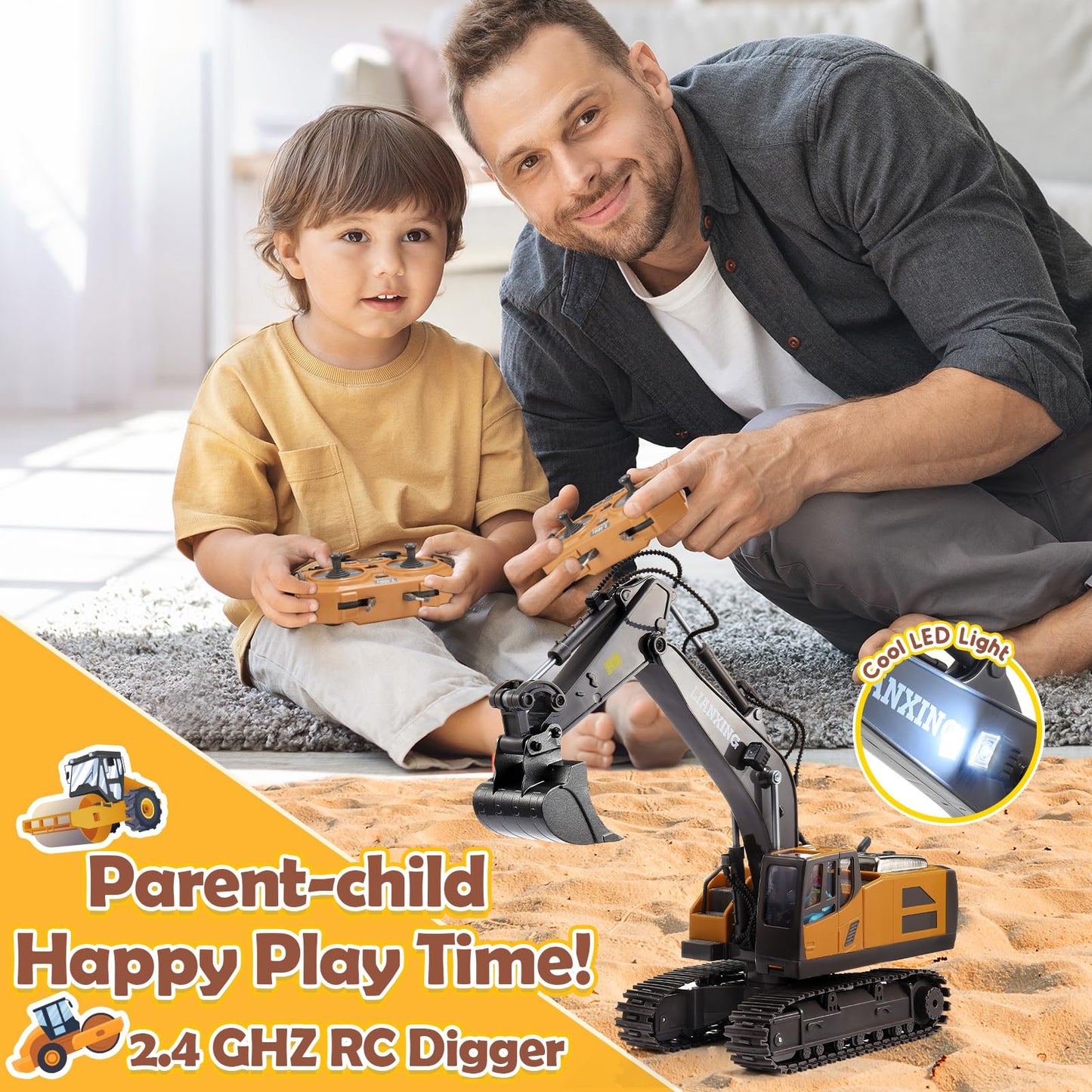 HappyGoLucky 1:20 Remote Controlled Excavator Toy For Boys Ages 3 4 5 6 7 8, 680° Rotating Rc Excavator With Lights Gift Boy 4 5 6 7 8 Years, Outdoor Toy Kids Toy For Ages 3-9 Years.