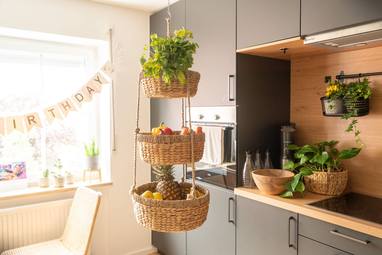 Decorasian hanging fruit basket, Large XXL tiered stand with 3 baskets made of water hyacinth - fruit rack for storing fruit and vegetables - hanging basket