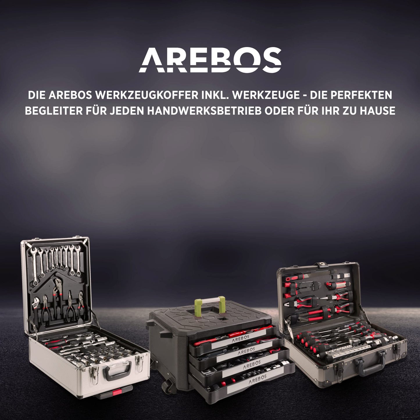 Arebos aluminum tool box filled | Tool set 1200 pieces | Rolling suitcase carrying case | Tool bag for household, garage & workshop | Tool box with 4 compartments & telescopic handle | Silver