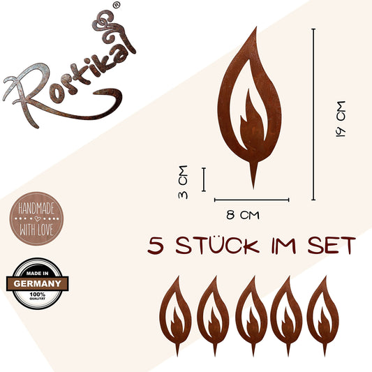 Rustic 5 piece set Rust Decor Flame Rusty 16.5 cm big Rusty Christmas decoration Candle Advent Candle flame for sticking Rustic look