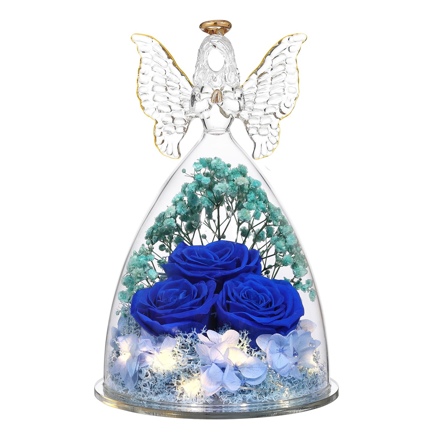 Faneeyo Angel Gifts for Women - Three Preserved Flower Roses in Glass, Birthday Gift for Her, Rose Figurines for Valentine's Day Mother's Day Christmas - Dark Blue