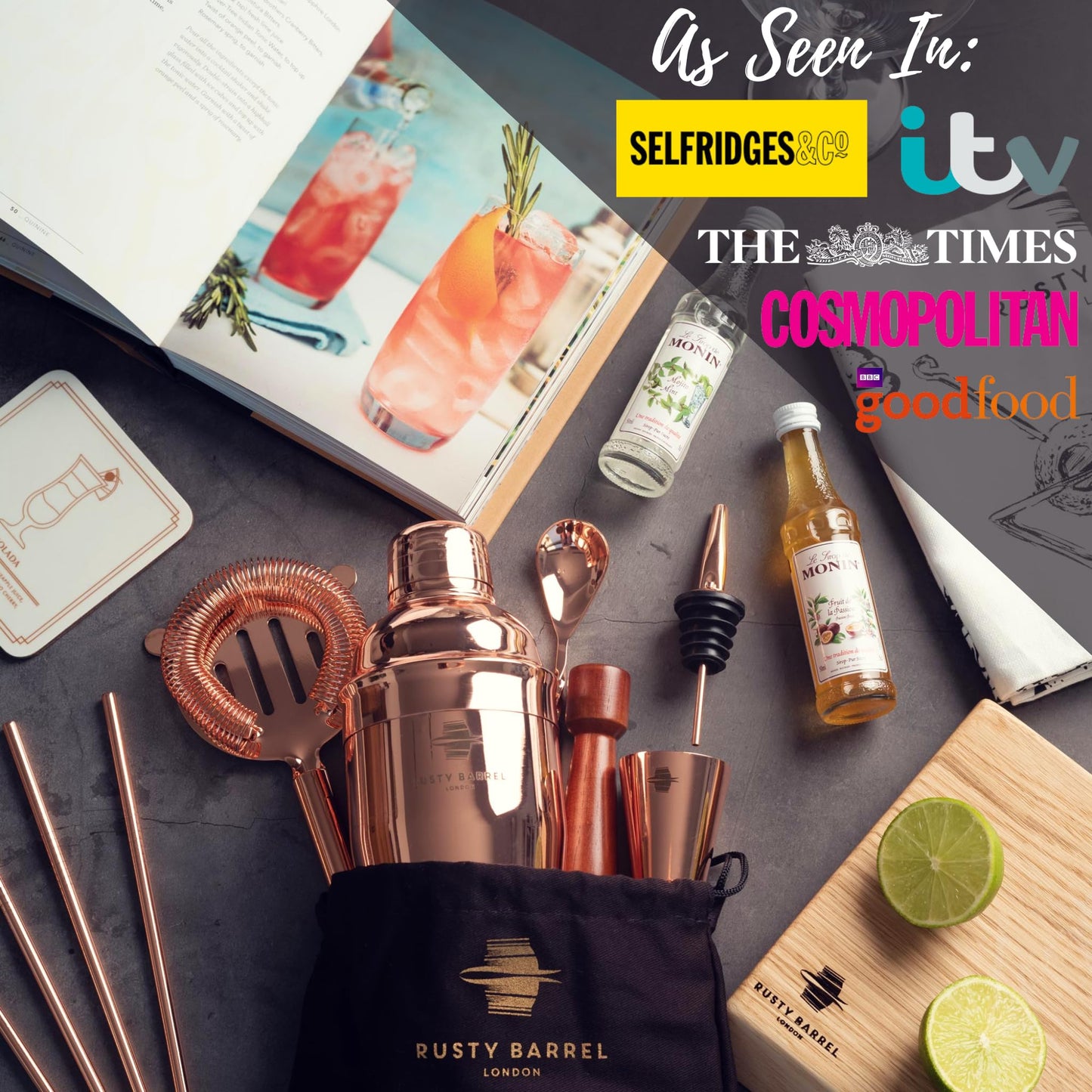 Rusty Barrel Chelsea Cocktail Set for Mixing - Rose Gold Gift Set Manhattan Stainless Steel Cocktail Shaker, Muddler, Strainer, Jigger, Pourer, Spoon, Bag, and Recipe Book - with Gift Box